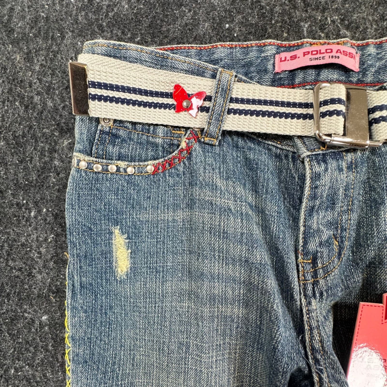 U.S. Polo Assn Jeans Girls 12 Blue Denim Y2K Butterfly Embroidered Belted USPA - Thumbnail 9