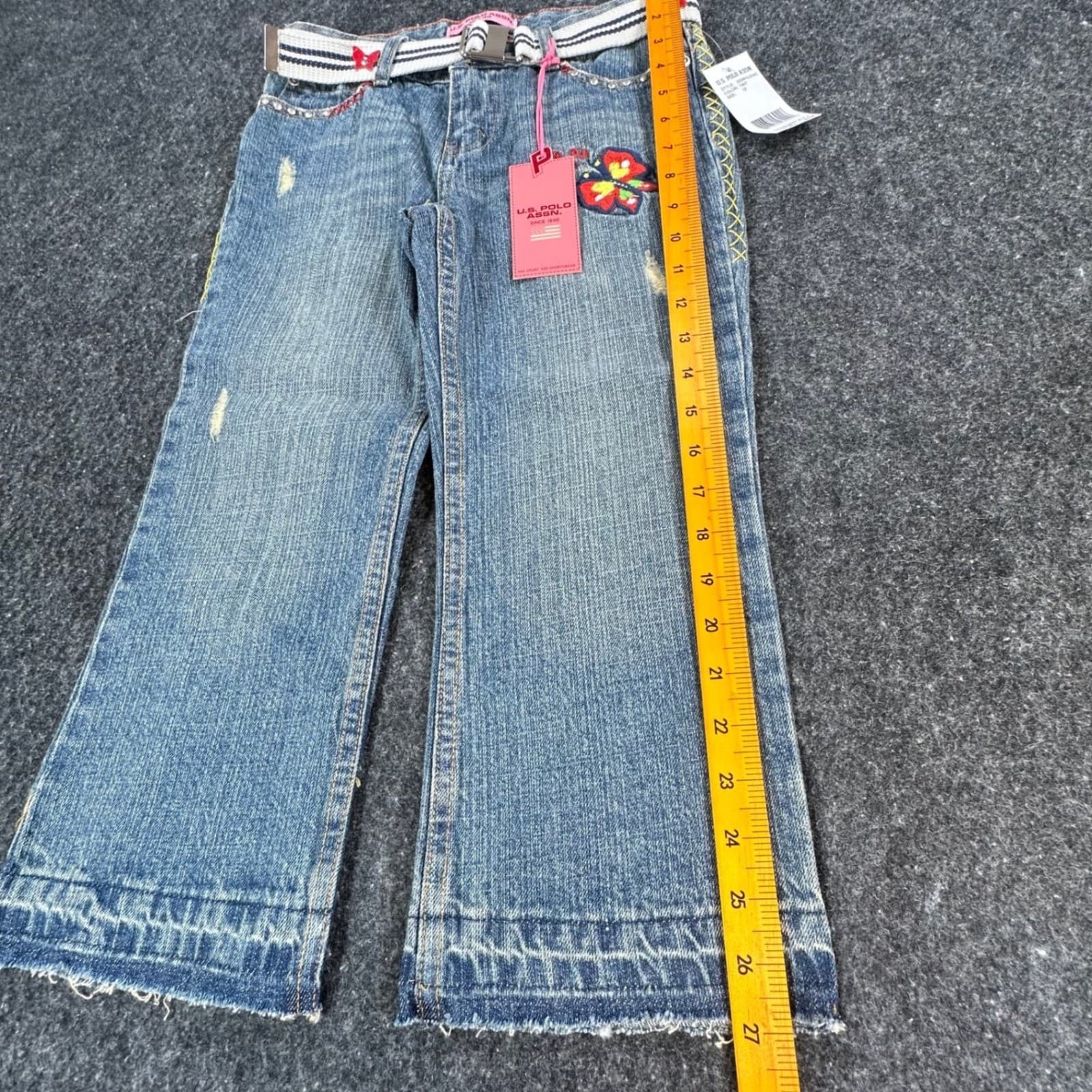 U.S. Polo Assn Jeans Girls 12 Blue Denim Y2K Butterfly Embroidered Belted USPA - Thumbnail 3