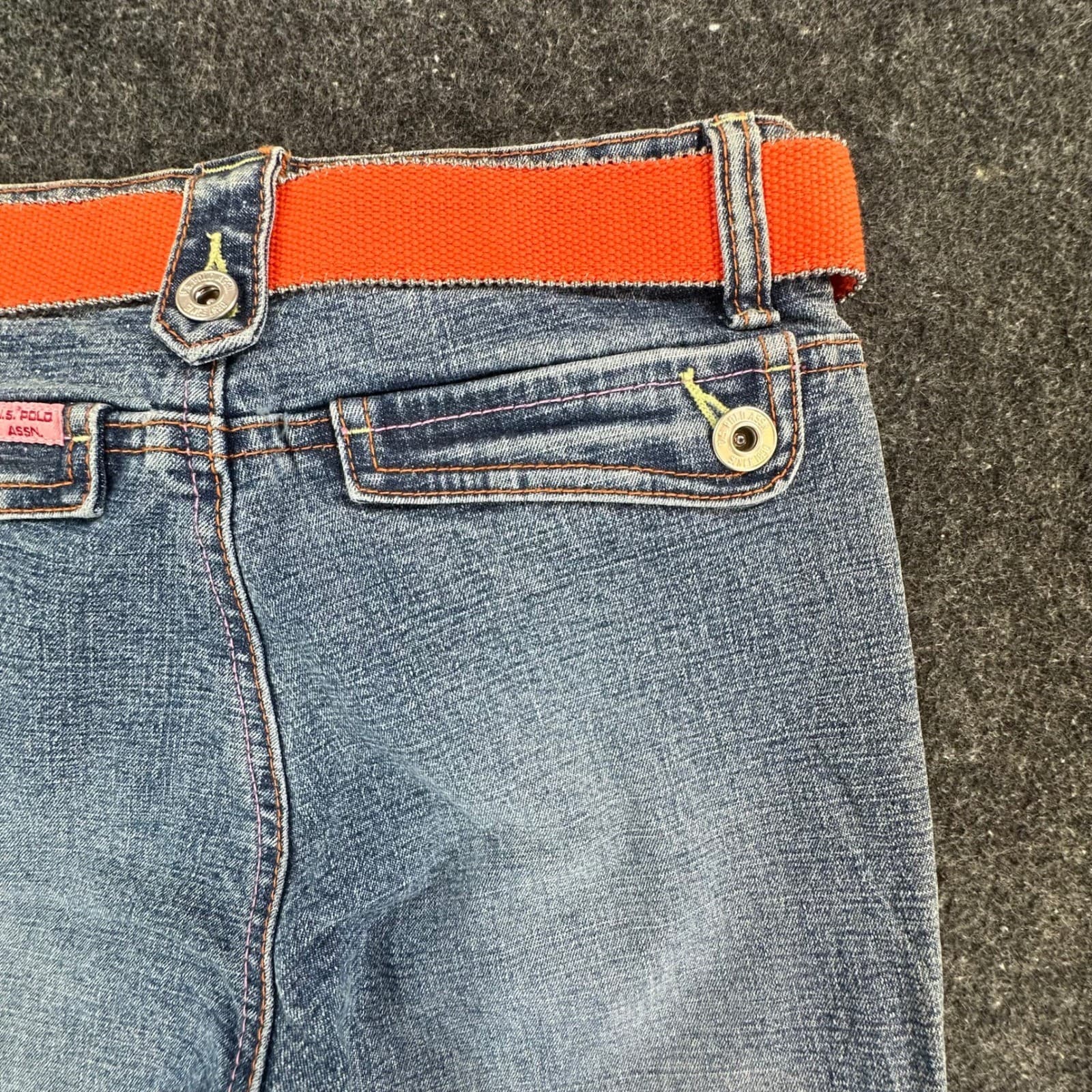 U.S. Polo Assn Jeans Girls 8 Blue Ramie Cotton Stretch Flare Y2K With Belt New - Thumbnail 16