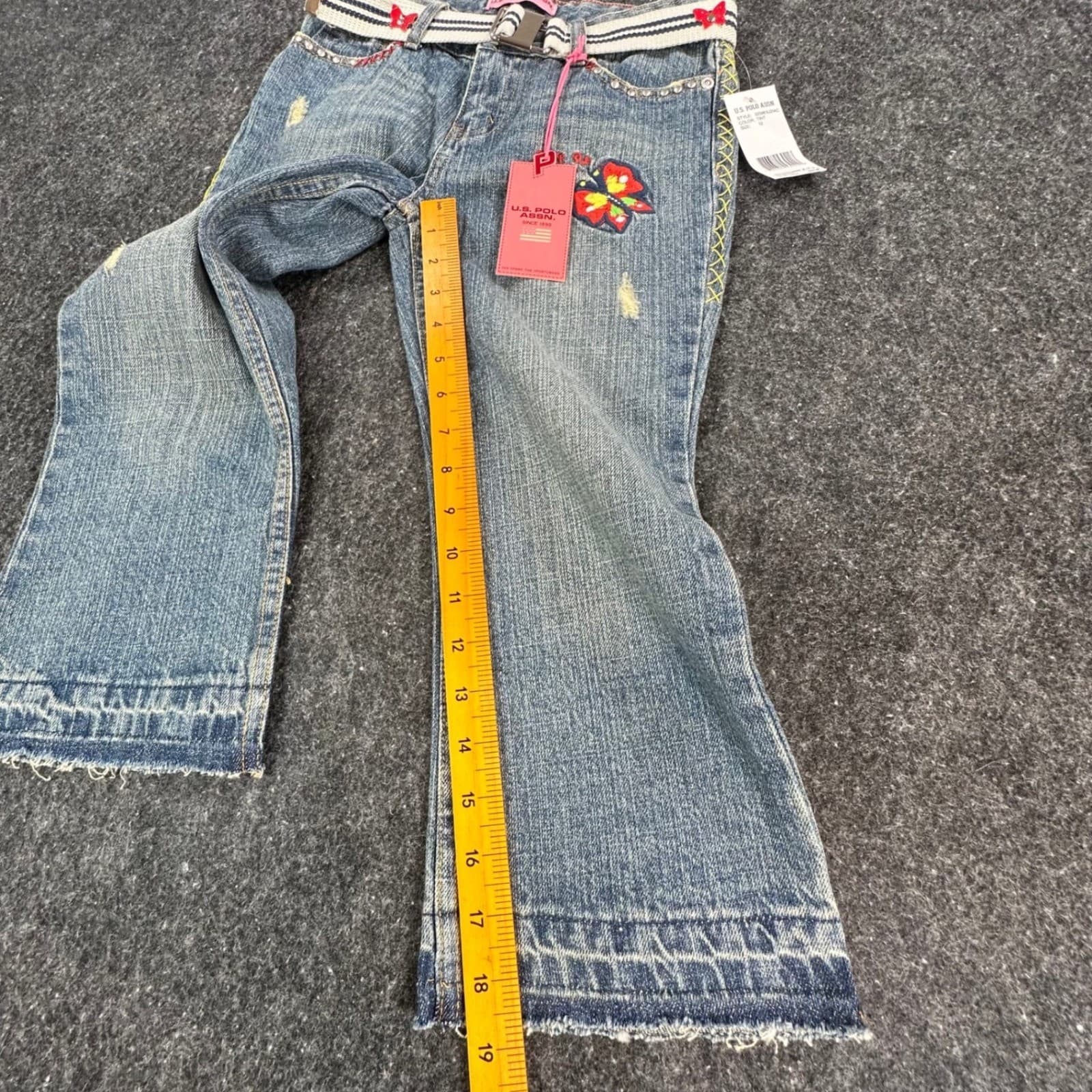 U.S. Polo Assn Jeans Girls 12 Blue Denim Y2K Butterfly Embroidered Belted USPA - Thumbnail 4