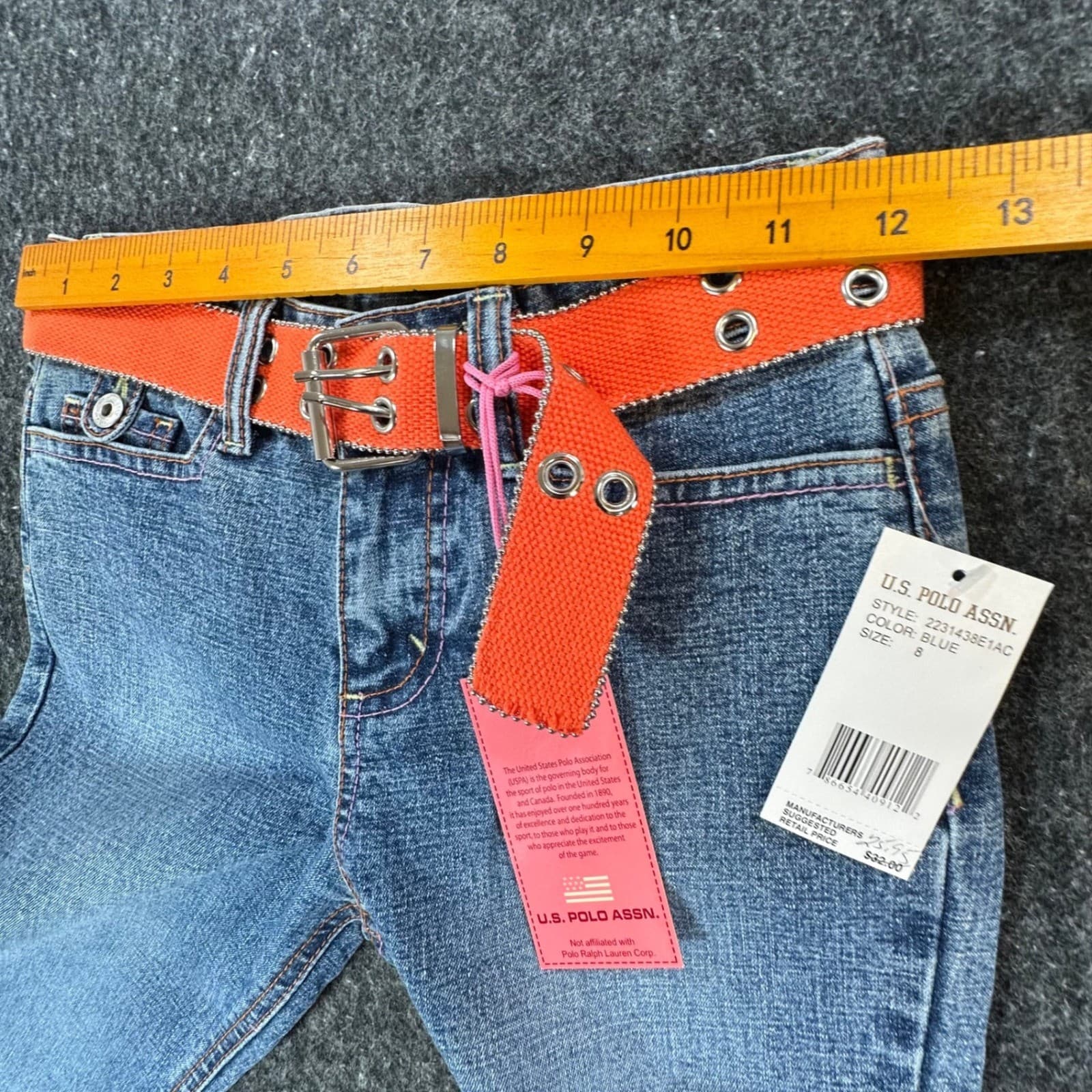 U.S. Polo Assn Flare Jeans Girls 8 Blue Ramie Cotton Stretch Y2K With Belt - Thumbnail 5