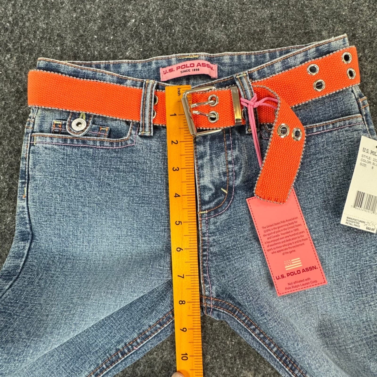 U.S. Polo Assn Flare Jeans Girls 8 Blue Ramie Cotton Stretch Y2K With Belt - Thumbnail 6
