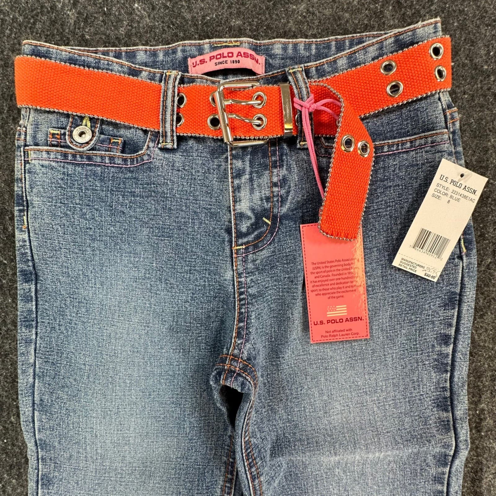 U.S. Polo Assn Flare Jeans Girls 8 Blue Ramie Cotton Stretch Y2K With Belt - Thumbnail 11