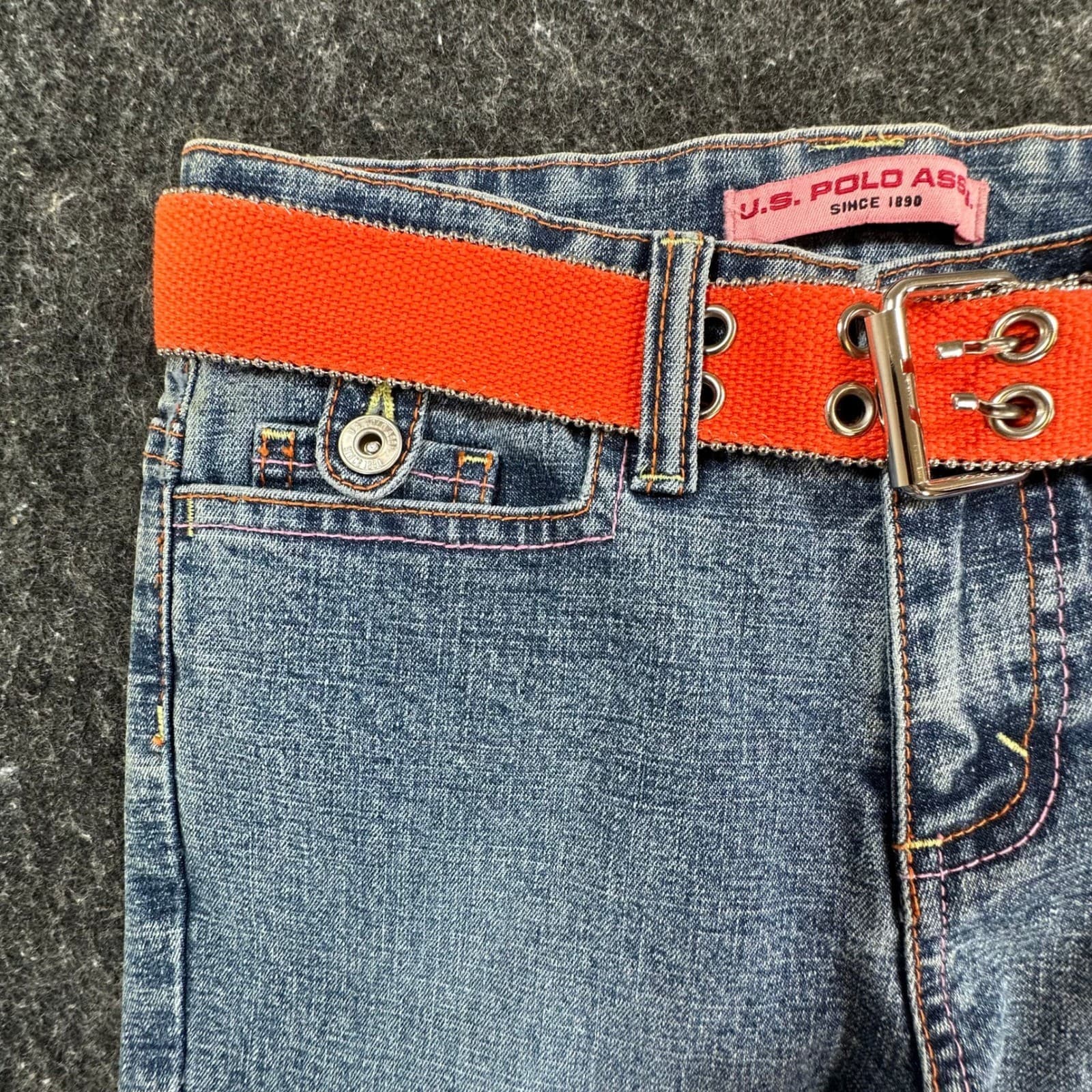 U.S. Polo Assn Flare Jeans Girls 8 Blue Ramie Cotton Stretch Y2K With Belt - Thumbnail 12