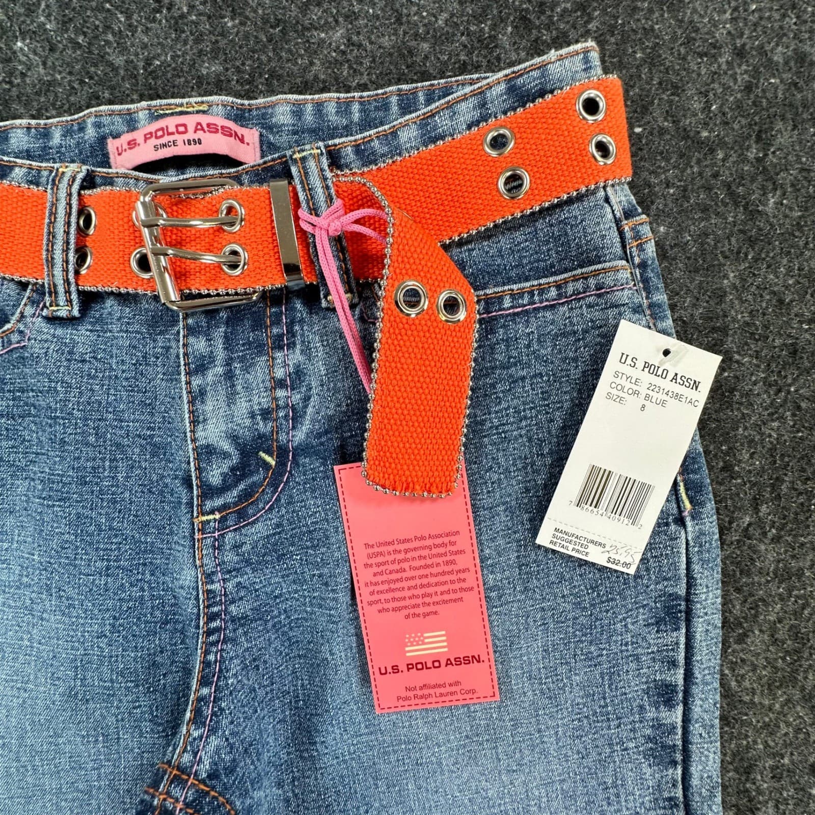 U.S. Polo Assn Flare Jeans Girls 8 Blue Ramie Cotton Stretch Y2K With Belt - Thumbnail 13