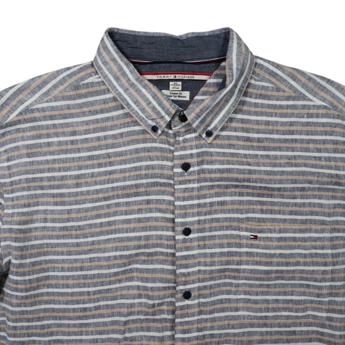 Tommy Hilfiger Button Down Shirt Mens XXL Blue Excellent Vintage Striped Linen - Thumbnail 4