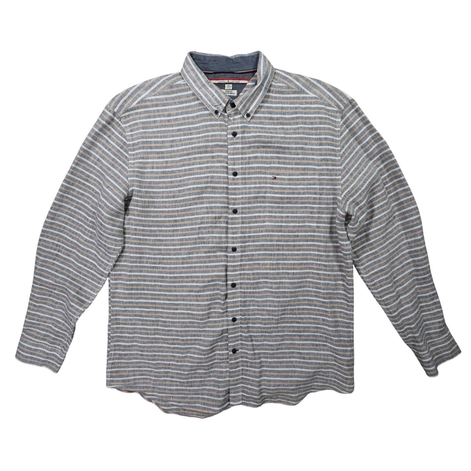 Tommy Hilfiger Button Down Shirt Mens XXL Blue Excellent Vintage Striped Linen - Thumbnail 2
