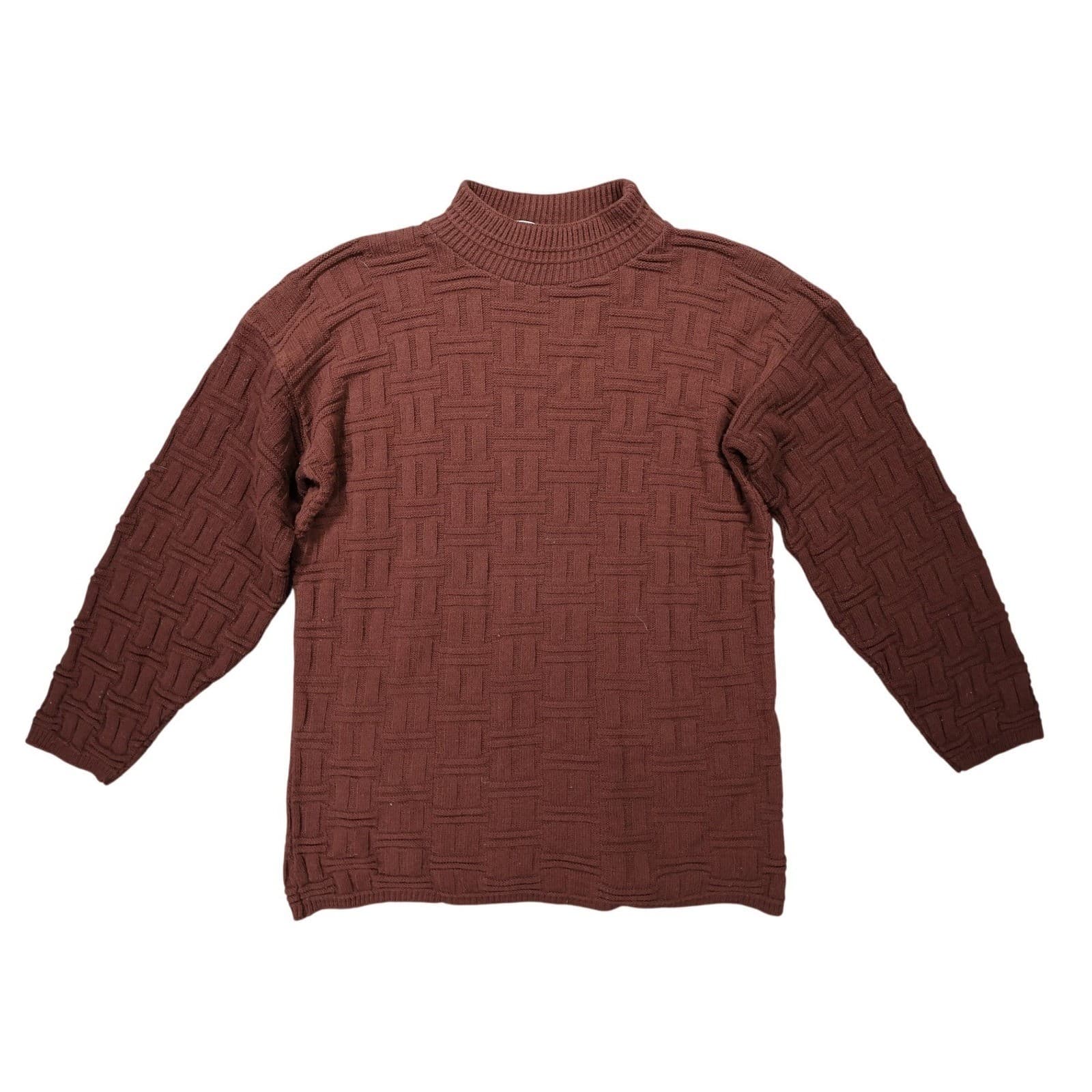 Basic Editions Sweater Mens Large Brown Excellent Vintage Basketweave Mock Neck - Thumbnail 2