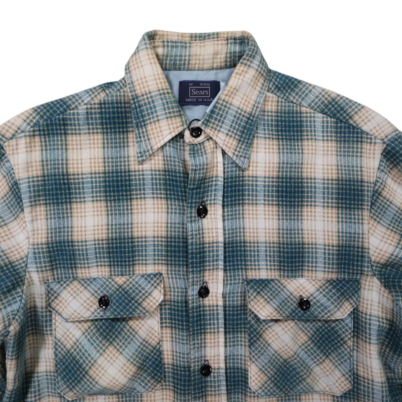 Sears Quilted Flannel Shirt Jacket Mens Medium Blue Plaid Excellent Vintage - Thumbnail 4