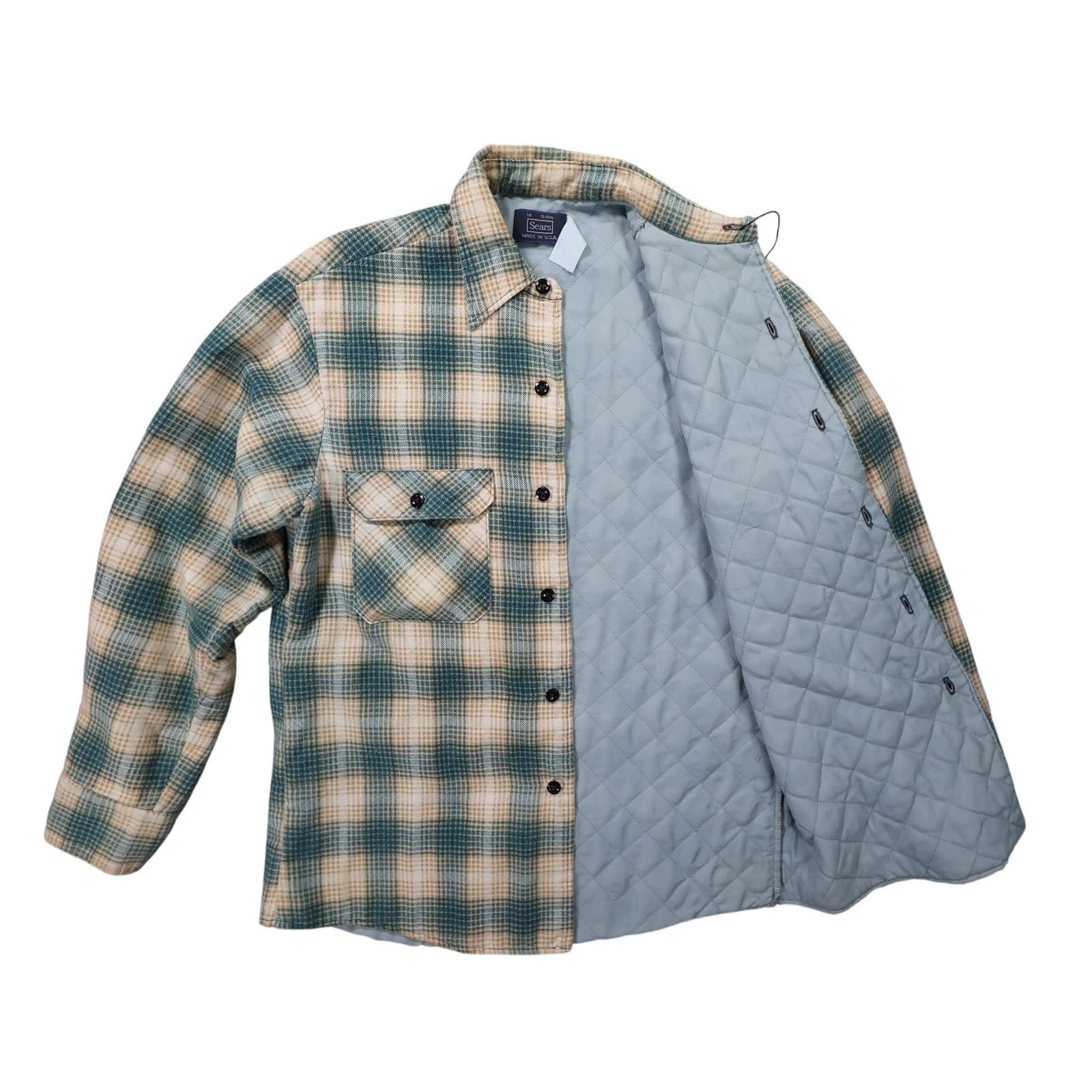 Sears Quilted Flannel Shirt Jacket Mens Medium Blue Plaid Excellent Vintage - Thumbnail 2