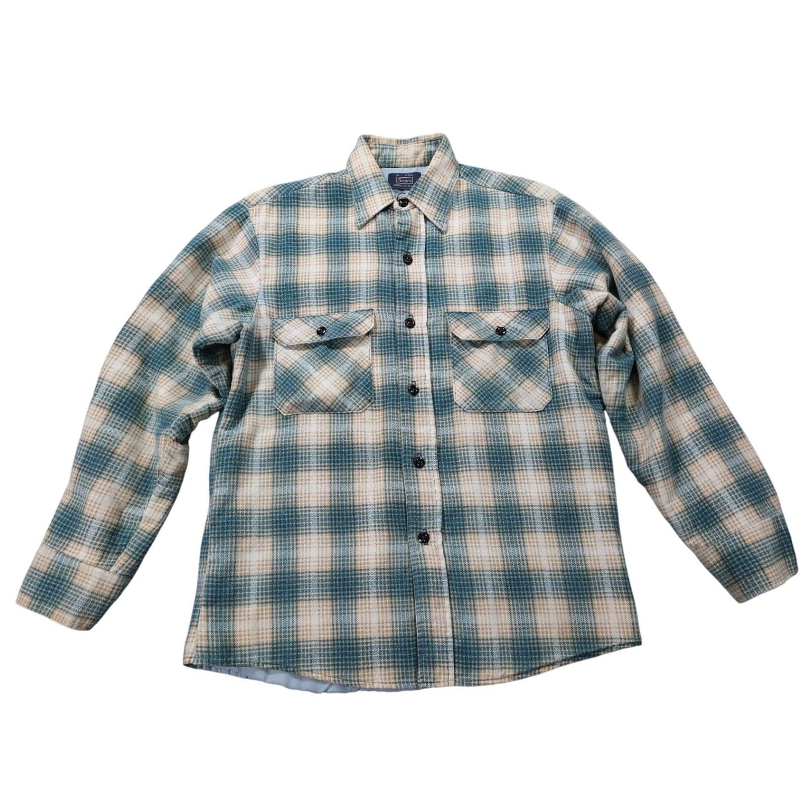 Sears Quilted Flannel Shirt Jacket Mens Medium Blue Plaid Excellent Vintage - Thumbnail 6