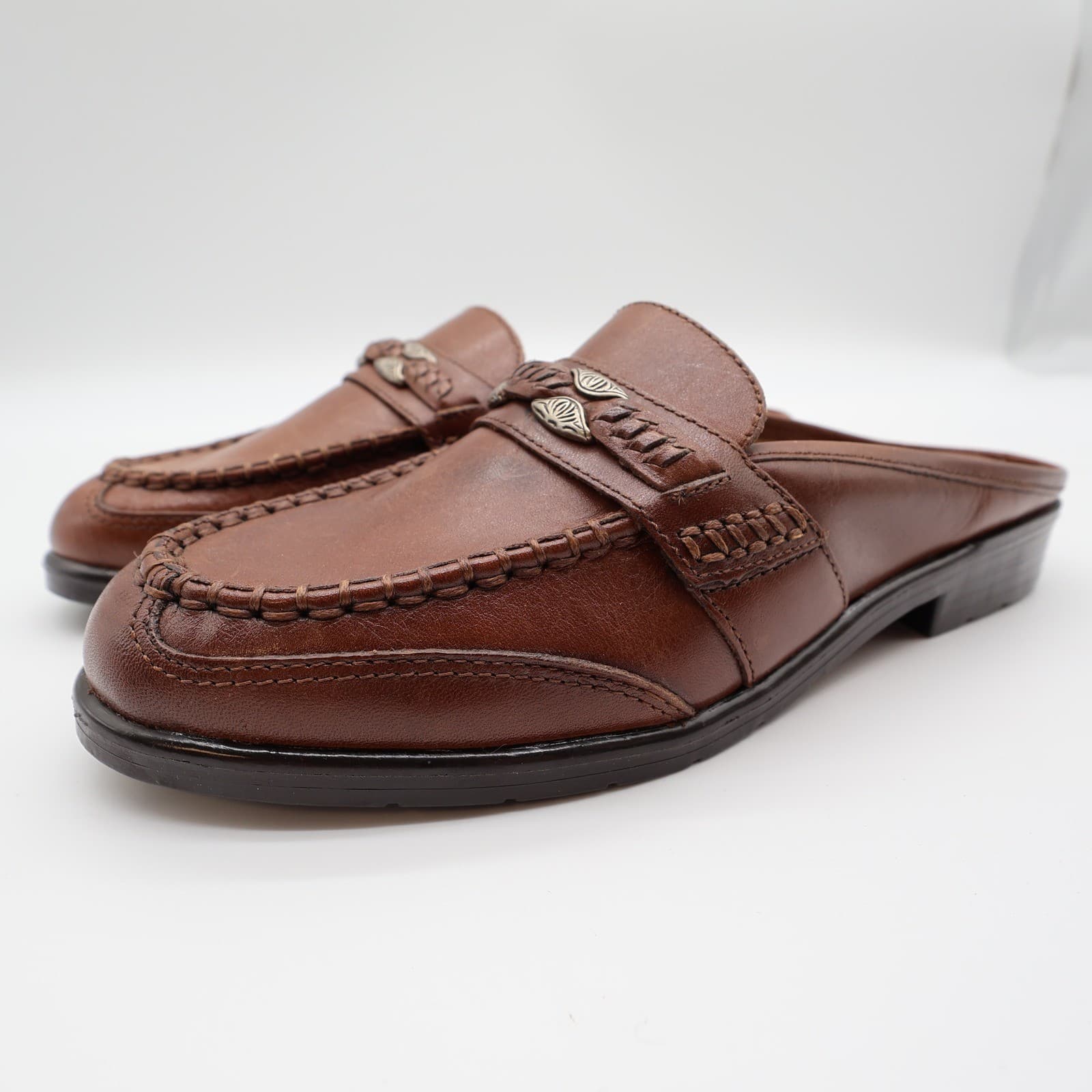 G. Wiz Faye Mules Womens 6.5 Brown Leather Vintage Western Loafers New Old Stock - Thumbnail 2