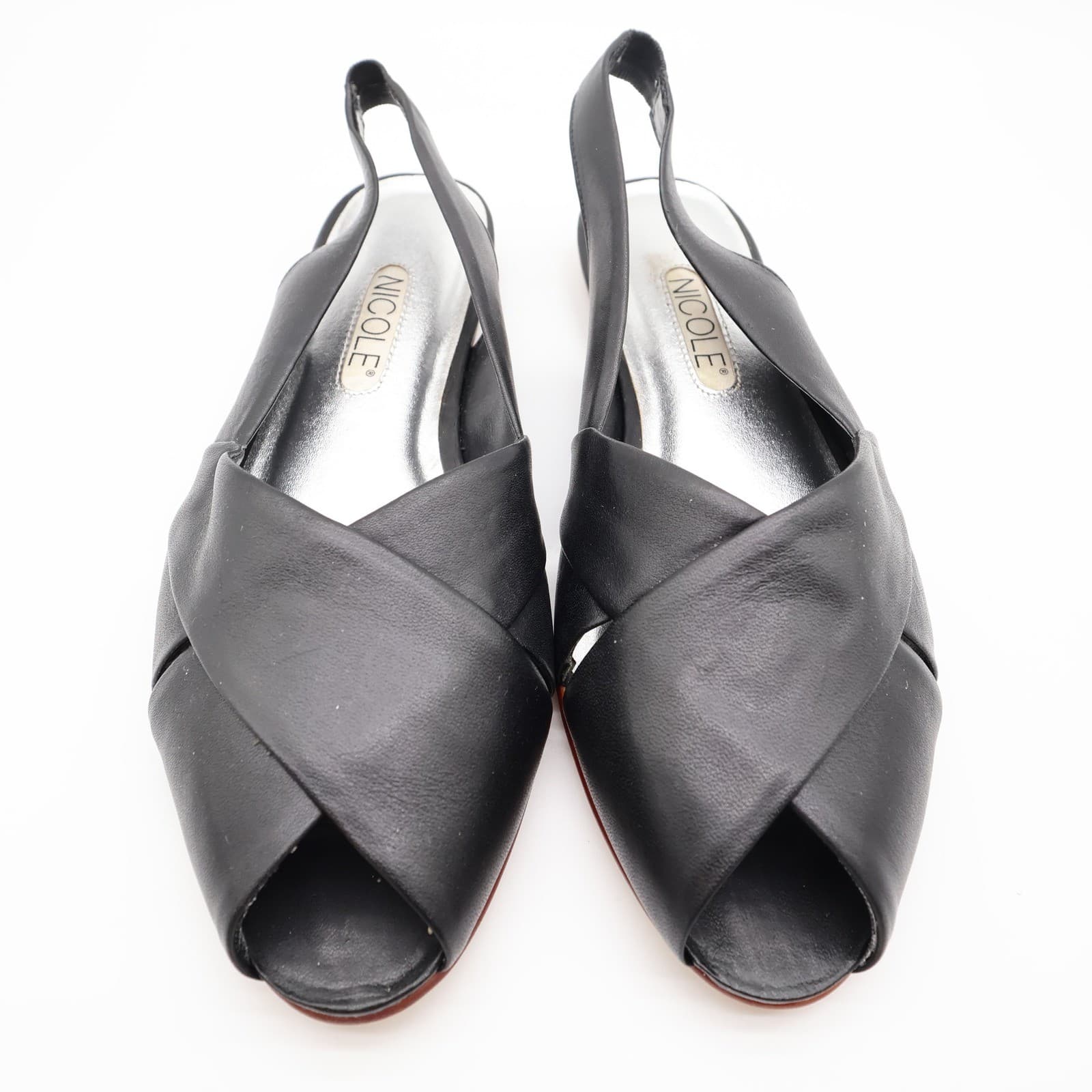 Nicole Bridget Sandals Women 9 Black Leather Slingback Flat Peep Toe Vintage y2k - Thumbnail 3