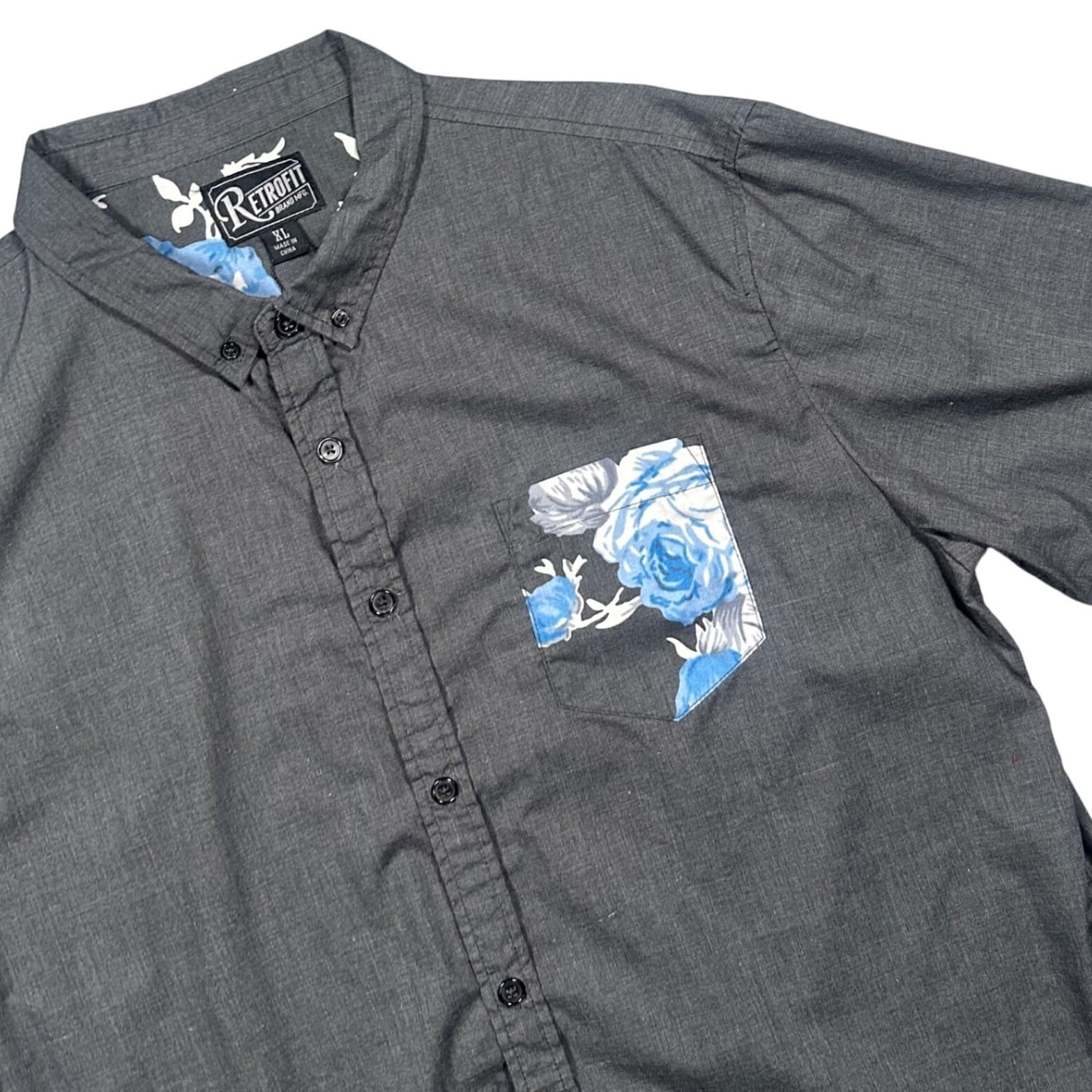 Retrofit Button Down Shirt Mens XL Charcoal Grey Excellent Floral Pocket RN63925 - Thumbnail 3