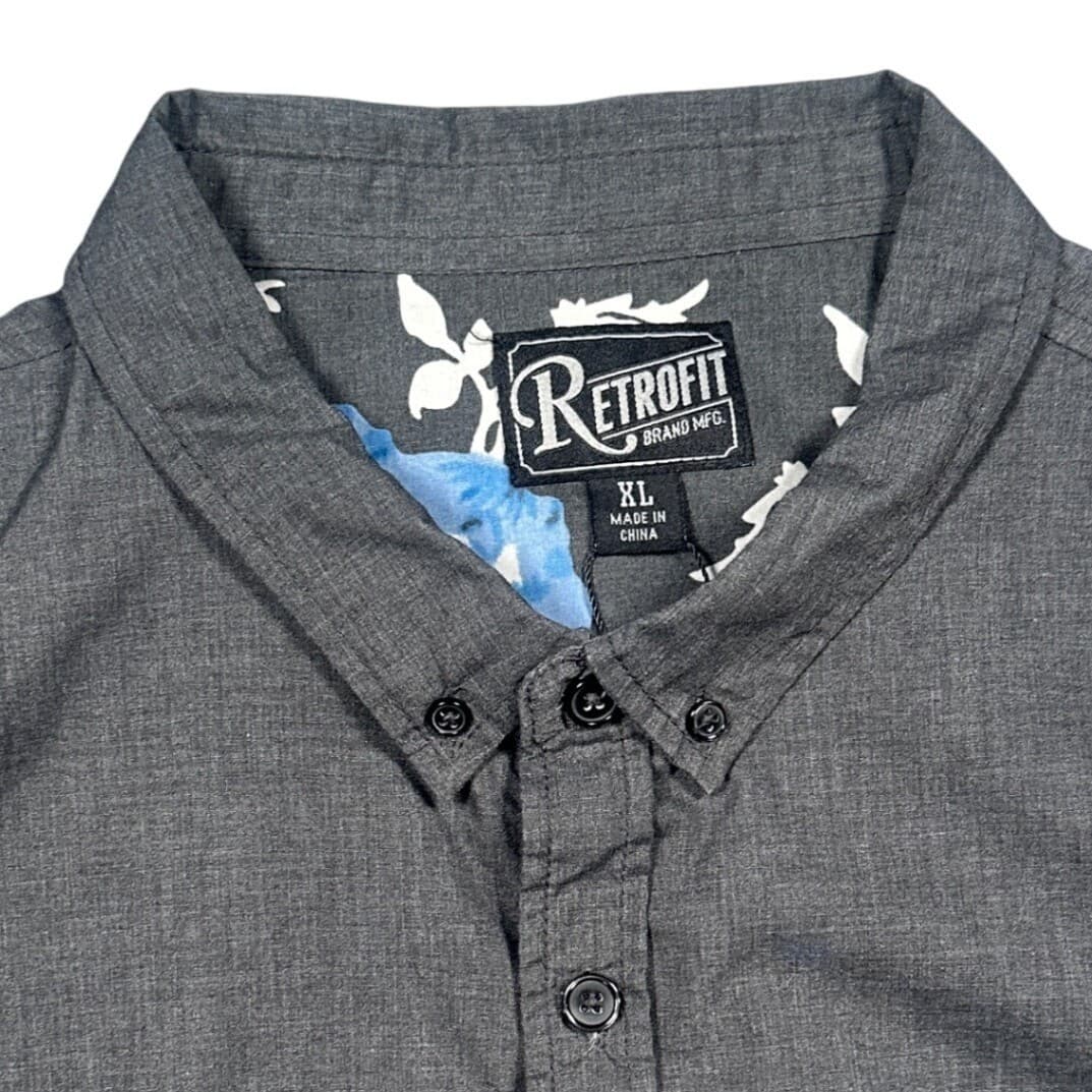 Retrofit Button Down Shirt Mens XL Charcoal Grey Excellent Floral Pocket RN63925 - Thumbnail 5