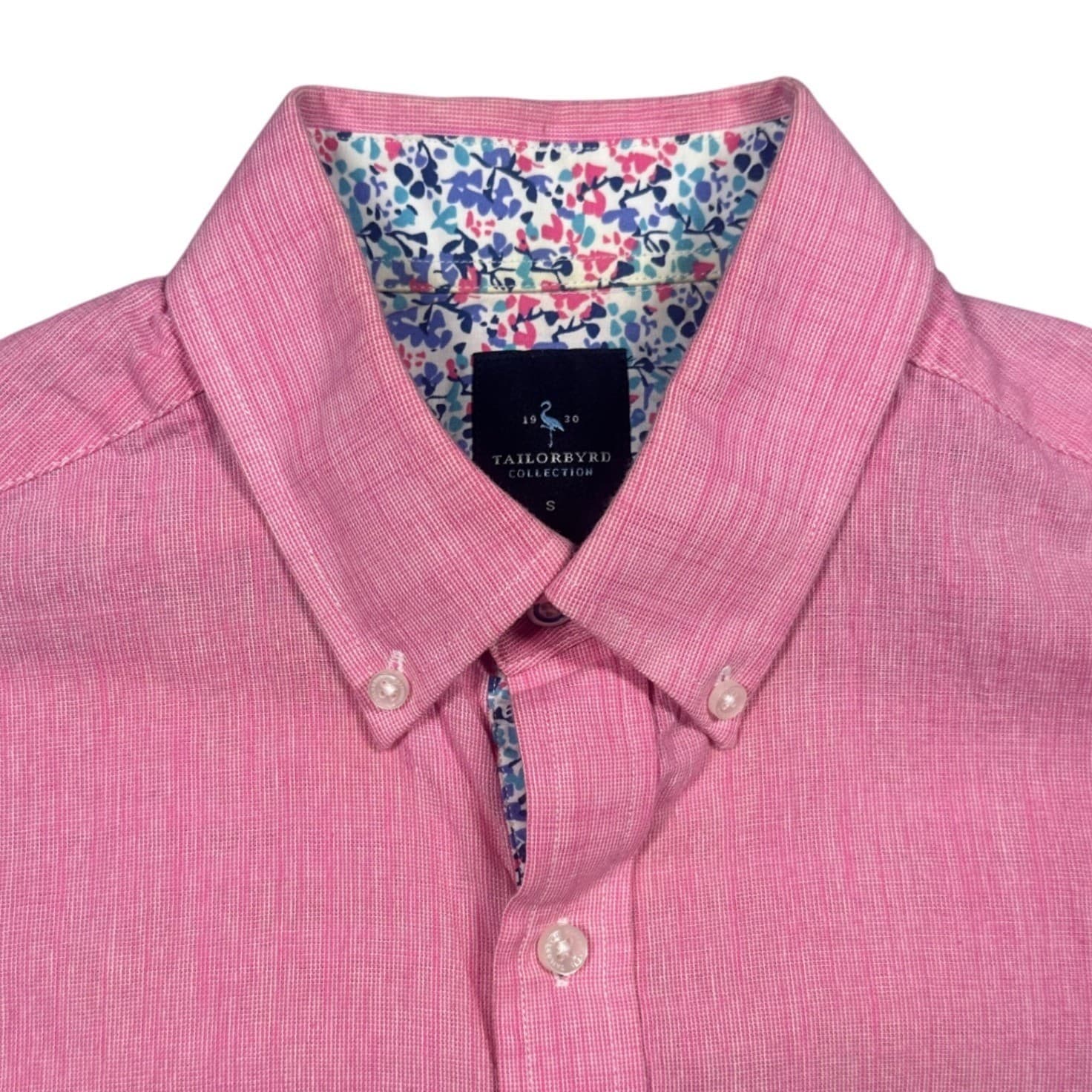 Tailorbyrd Button Down Shirt Mens Small Pink Excellent Short Sleeve Floral Trim - Thumbnail 6