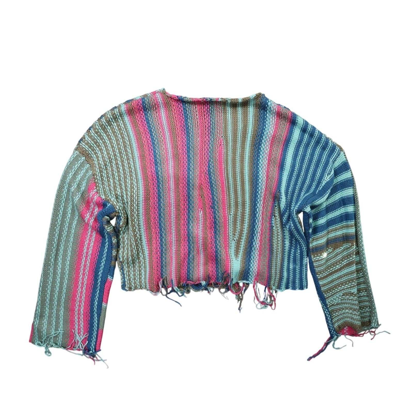 Elan Sweater Women Medium Multicolor Excellent Striped Distressed Cropped Boho - Thumbnail 2