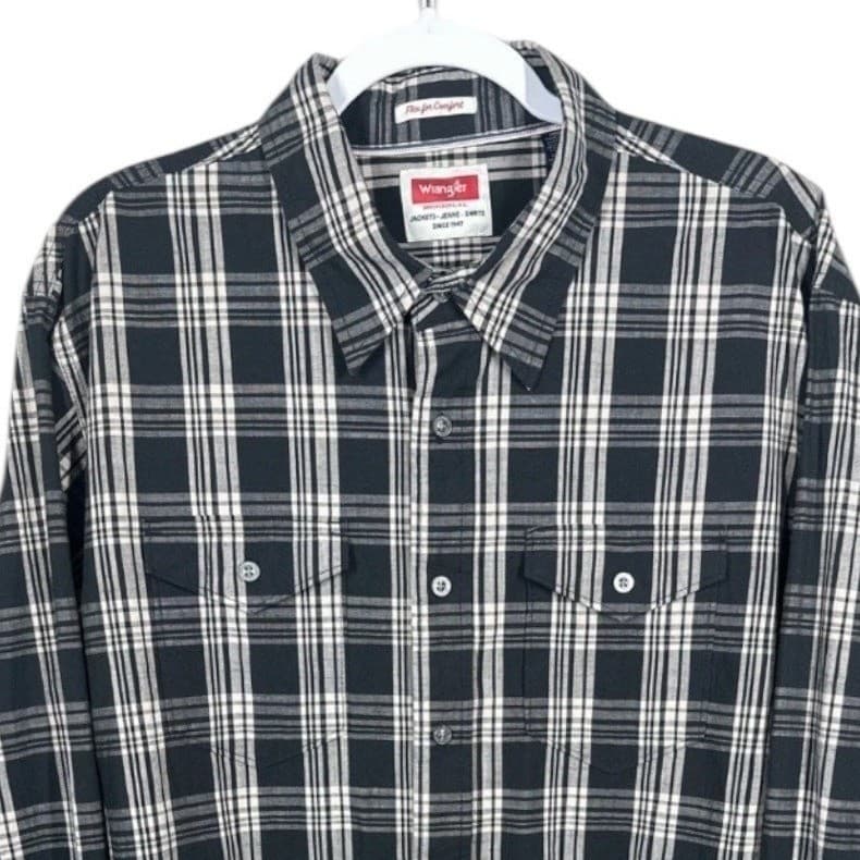 Wrangler Mens Plaid Long Sleeve Button Up Shirt XL Black White Western Casual - Thumbnail 3