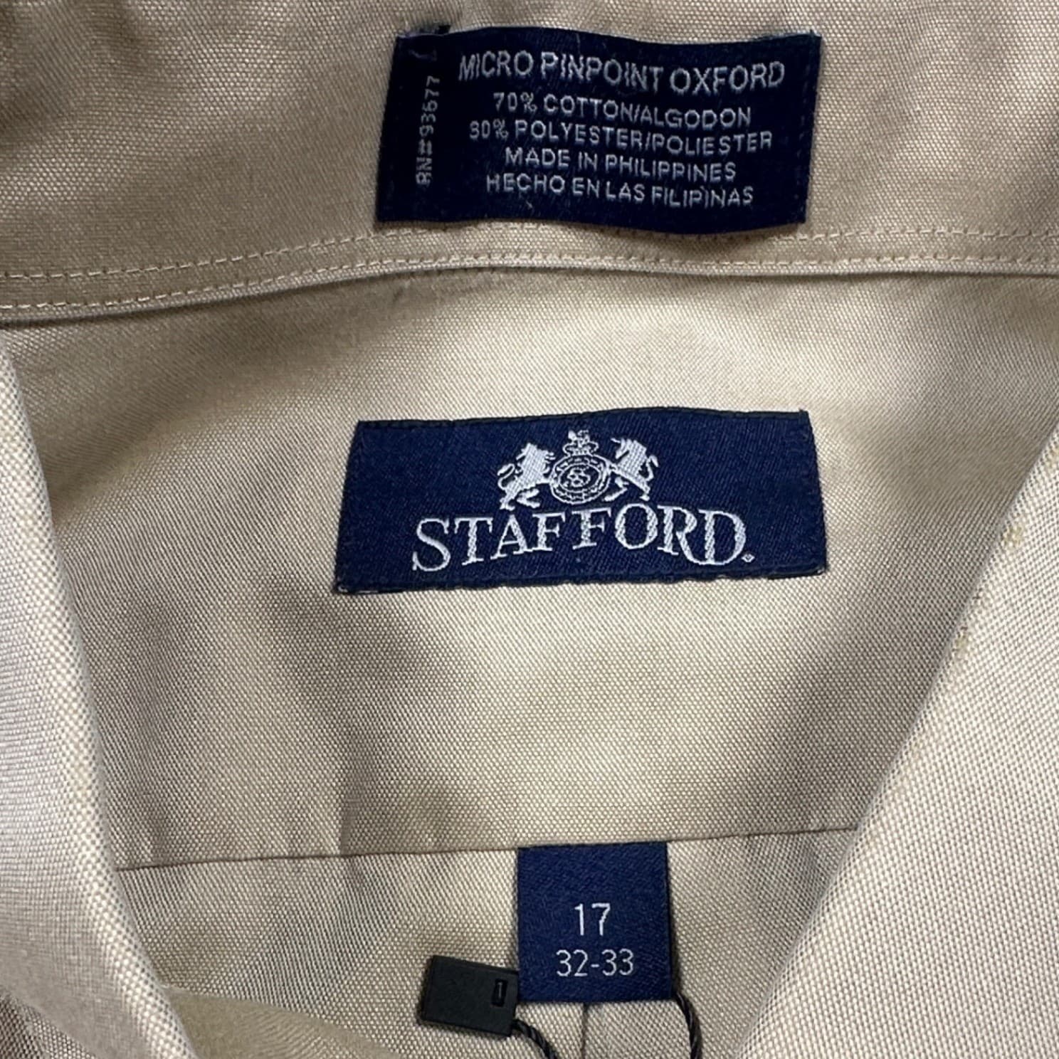 Stafford Button Down Shirt Mens 17 32-33 Tan Excellent Micro Pinpoint Oxford - Thumbnail 7