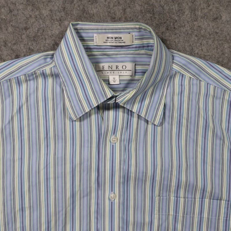 Enro Button Down Shirt Mens Medium Blue Excellent Short Sleeve Non-Iron Striped - Thumbnail 3