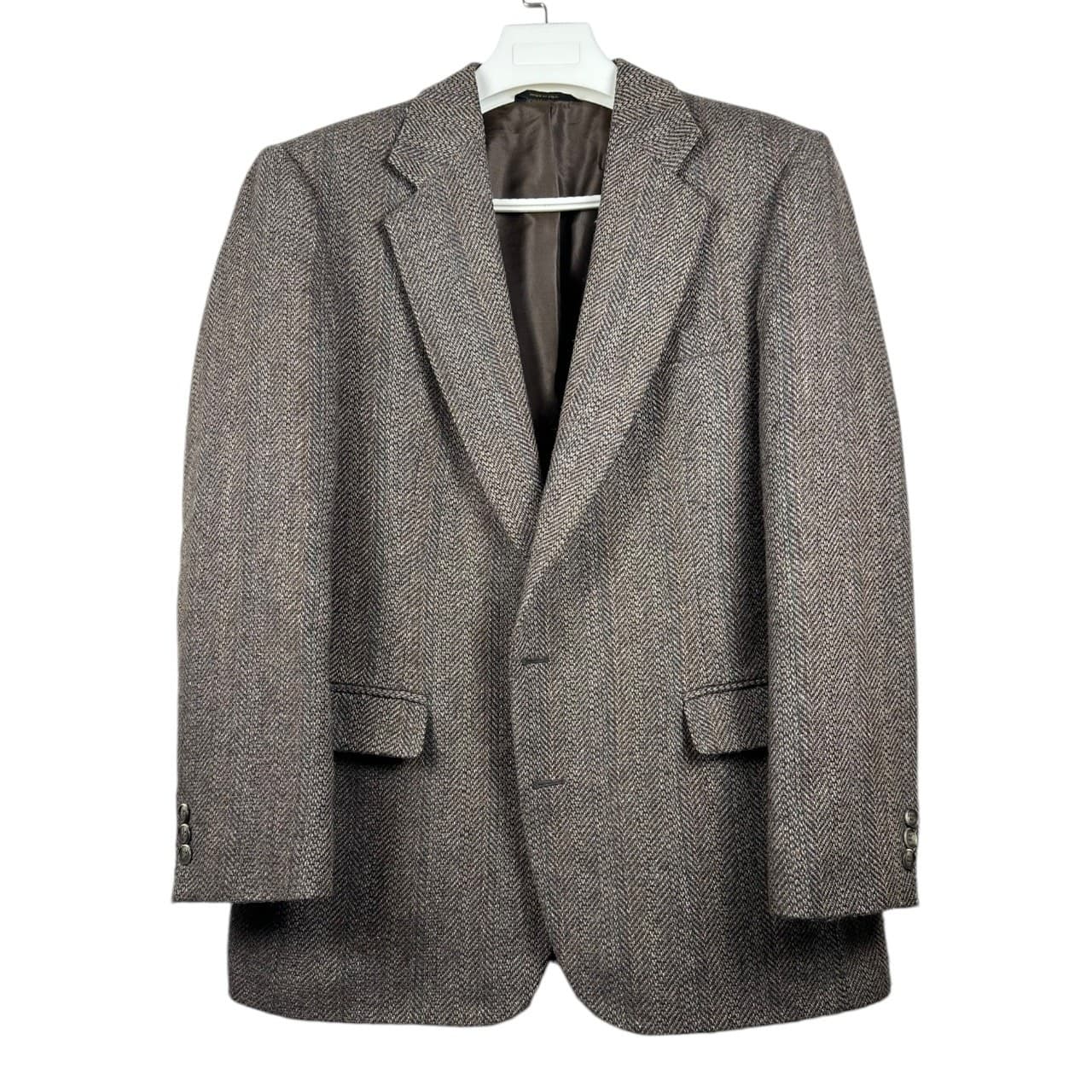 Haggar Mens 42L Herringbone Tweed Blazer Jacket Brown Tan Blue - Thumbnail 4