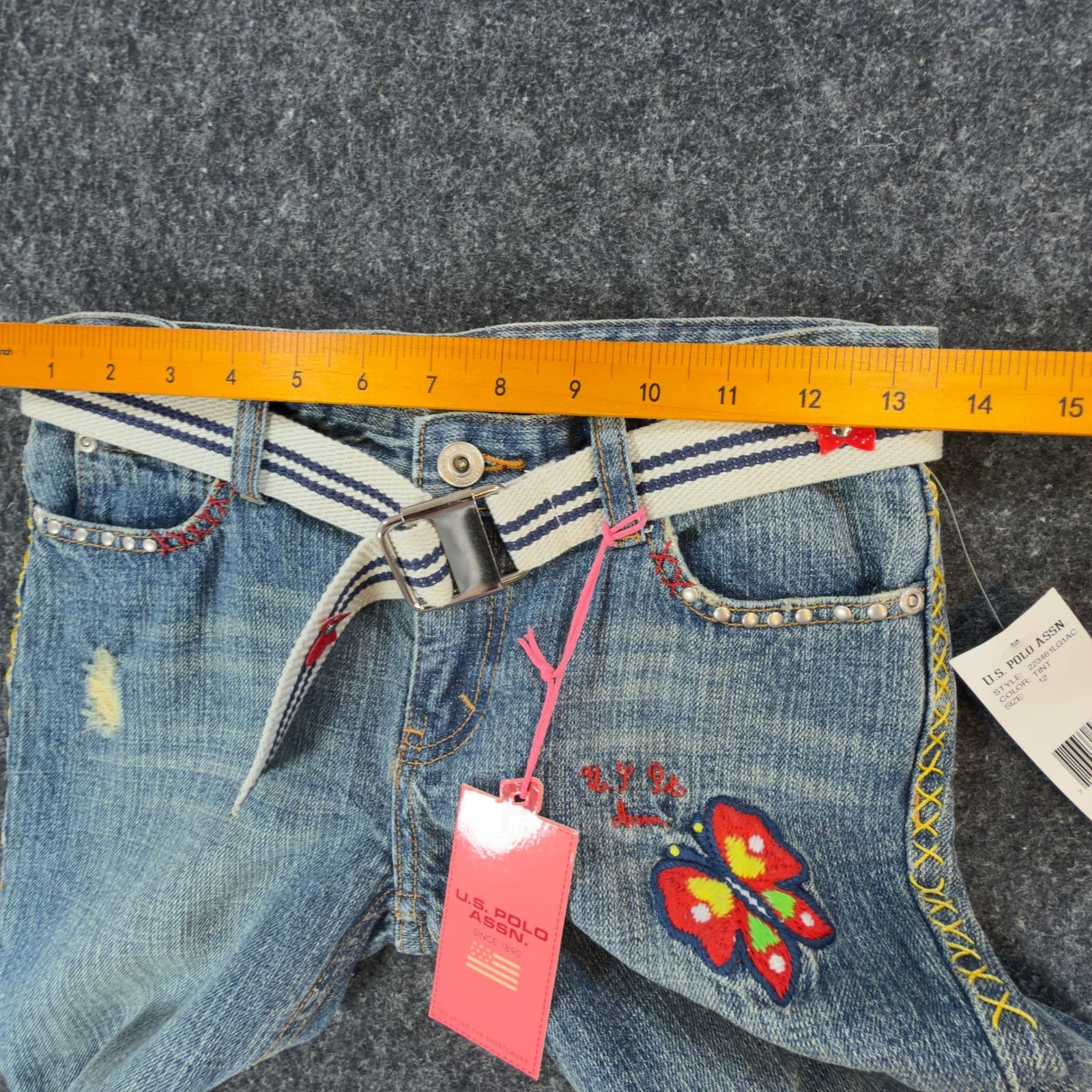 U.S. Polo Assn Jeans Girls 12 Blue Ramie Cotton Y2K Butterfly Embroidered Belt - Thumbnail 5
