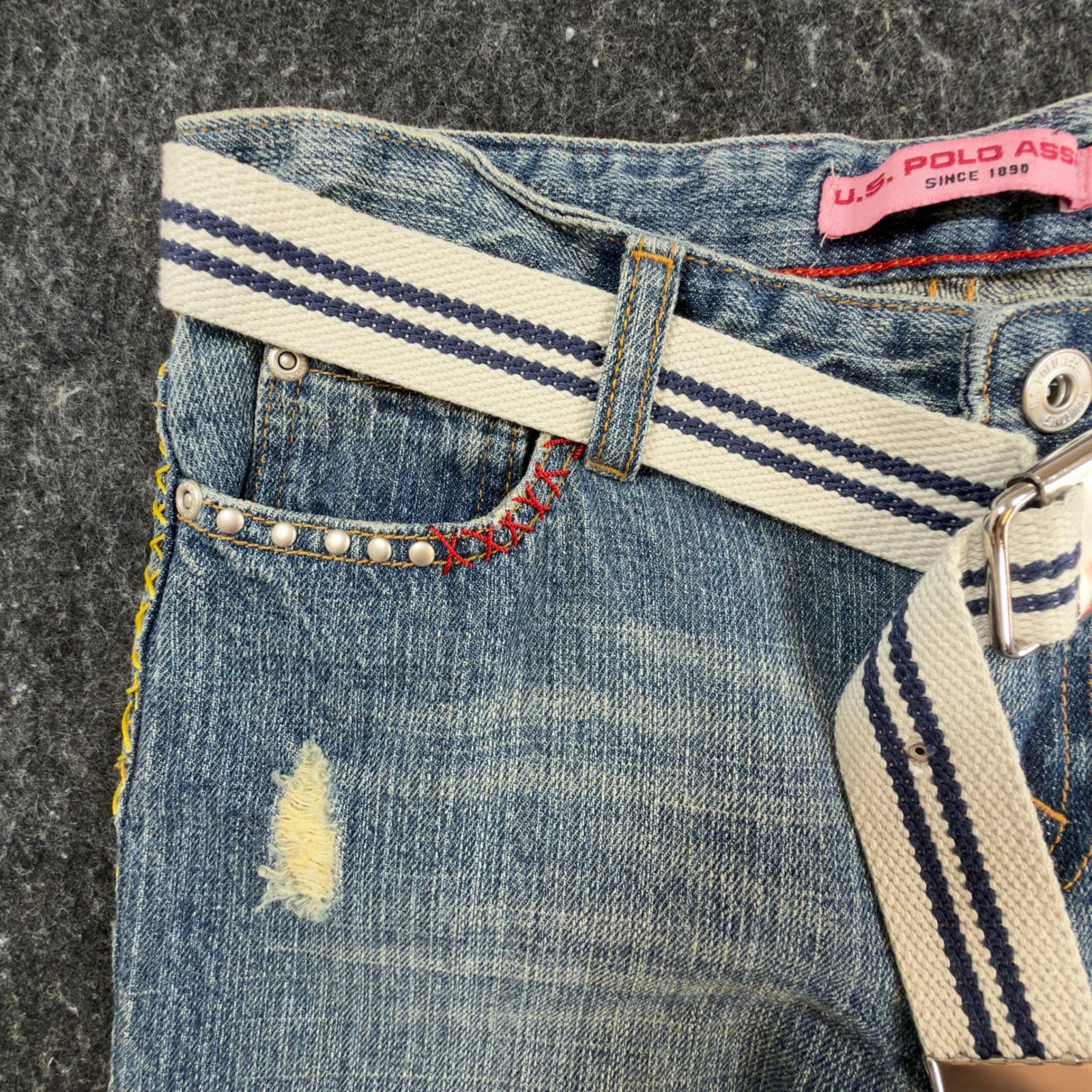 U.S. Polo Assn Jeans Girls 12 Blue Ramie Cotton Y2K Butterfly Embroidered Belt - Thumbnail 13