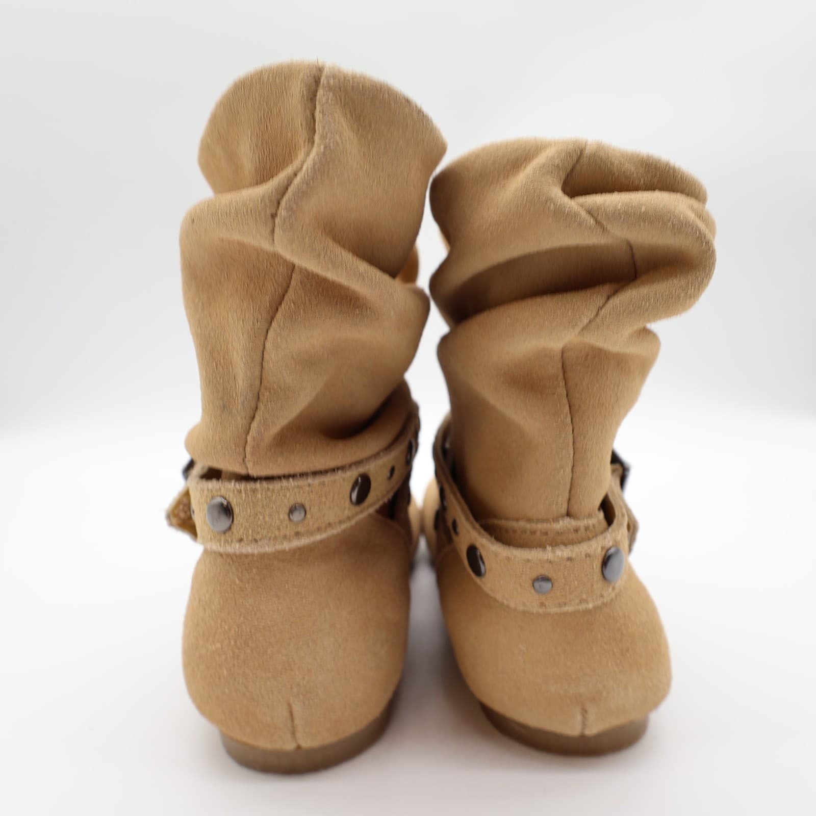 L'Amour Girls Size 11 Tan Leather Slouch Studded Buckle Ankle Boots - Thumbnail 3