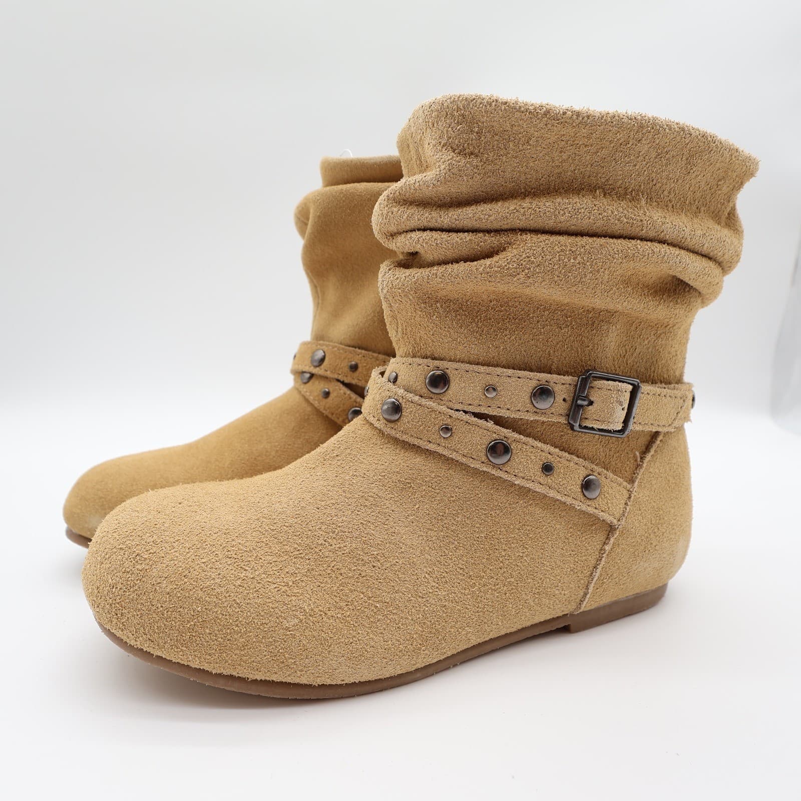 L'Amour Slouchy Buckle Boots Toddler Size 1 Tan Leather A612 Studded Ankle - Thumbnail 2