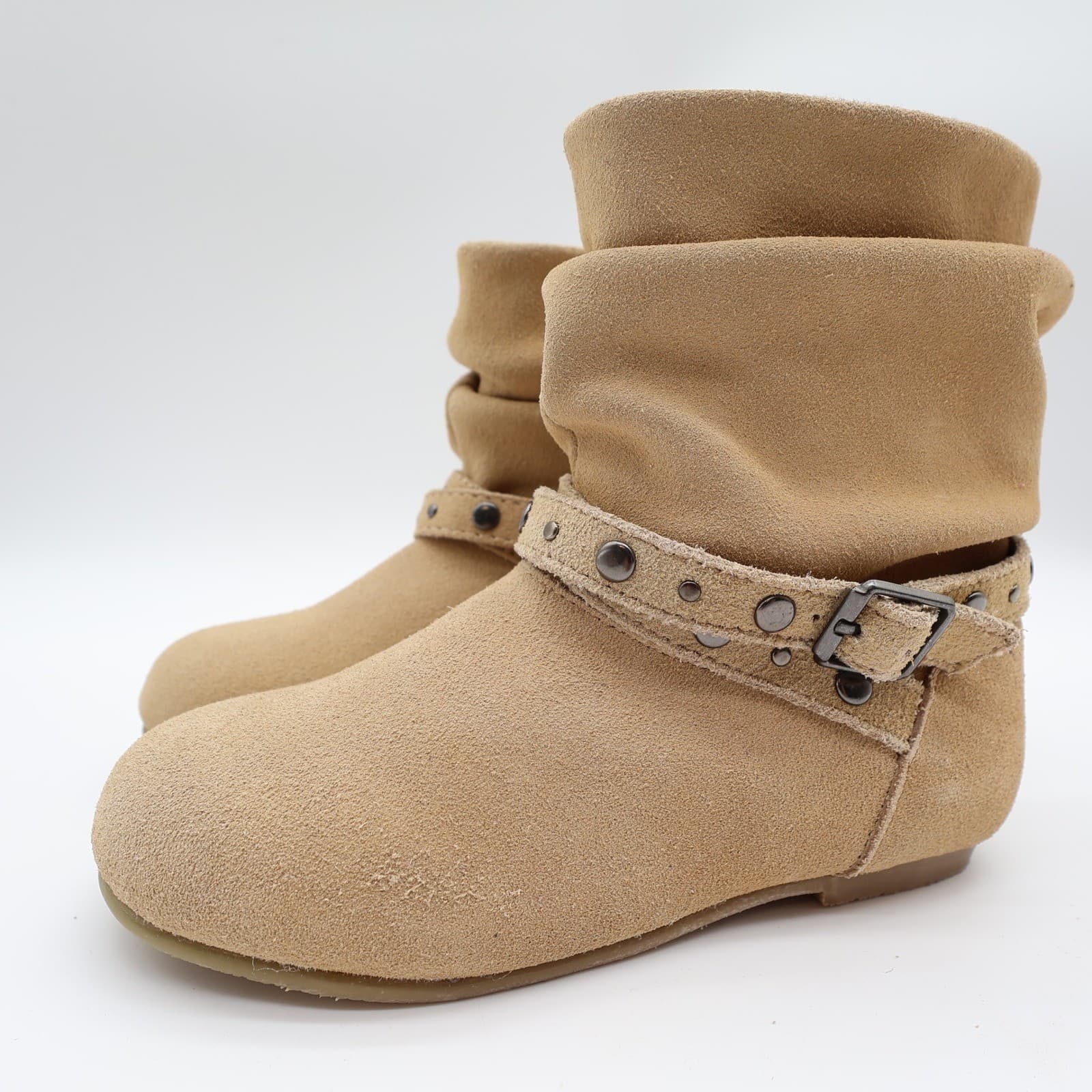 L'Amour Girls Size 11 Tan Leather Slouch Studded Buckle Ankle Boots - Thumbnail 2
