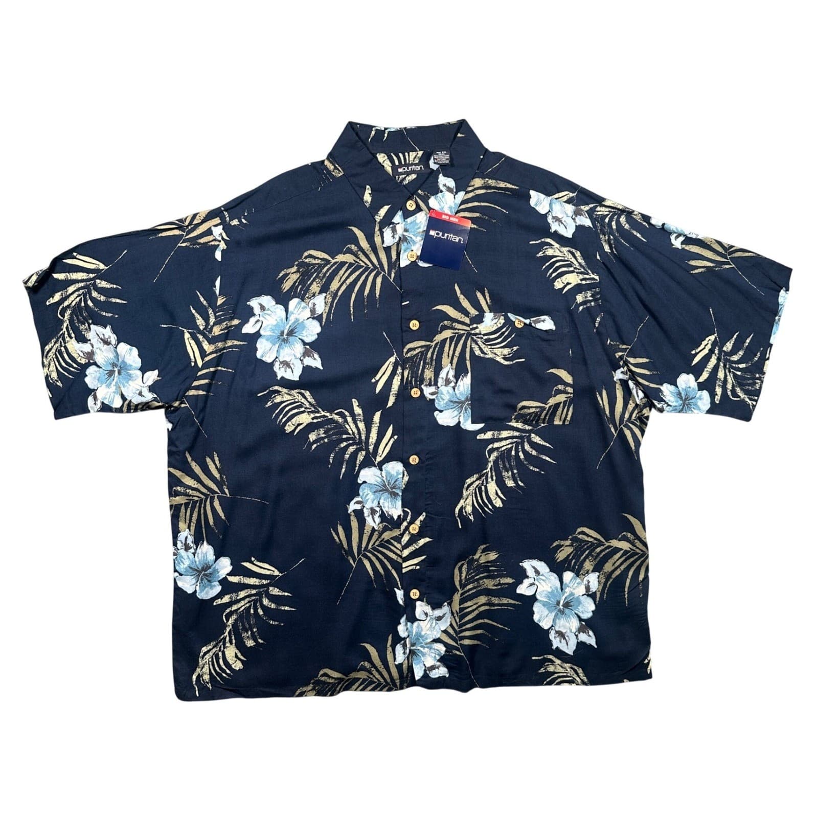 Puritan Button Down Shirt Mens 2XL Navy Blue New Tropical Floral Rayon Big Men