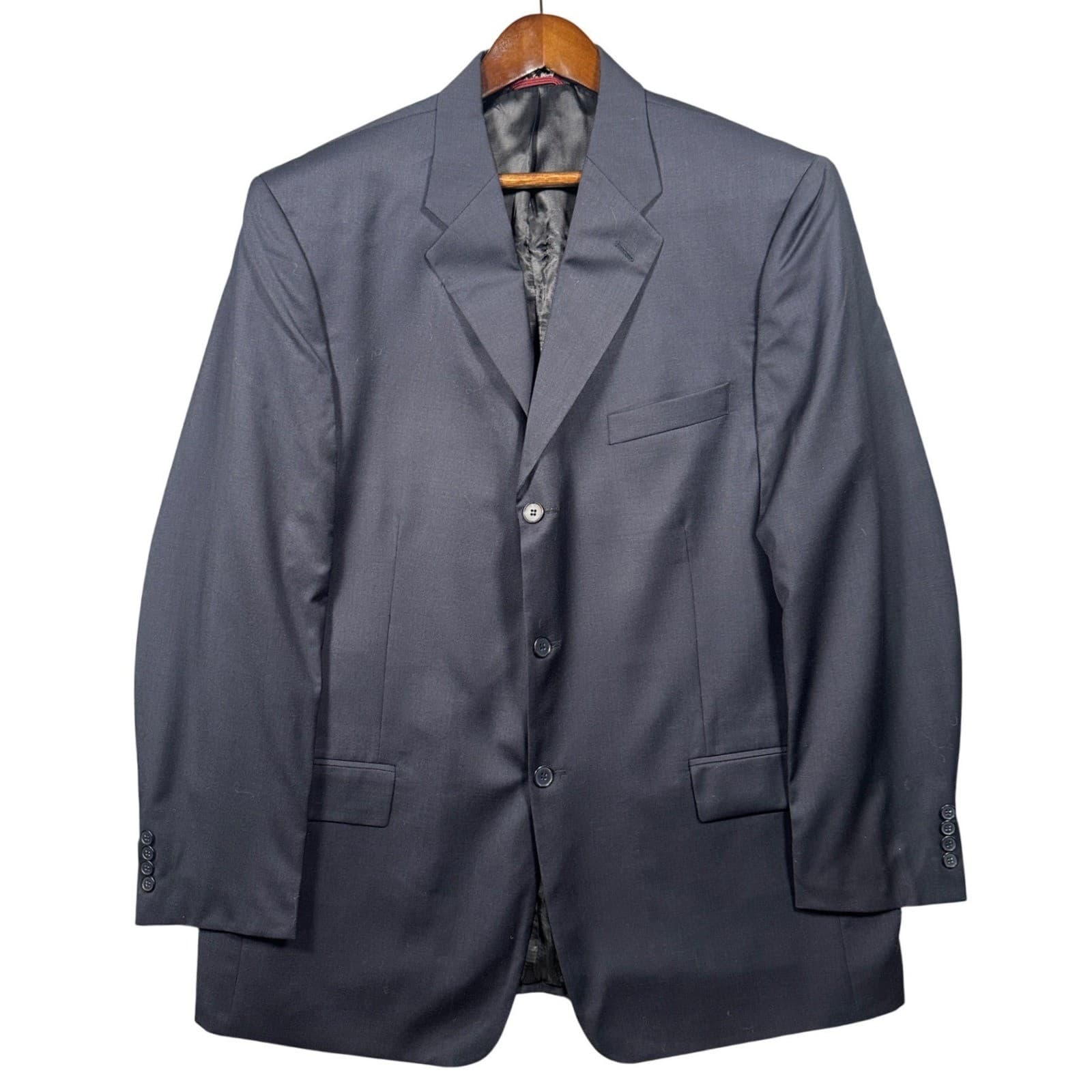 Pierre Cardin Blazer Mens 48L Navy Blue Worsted Wool 3 Button Blazer