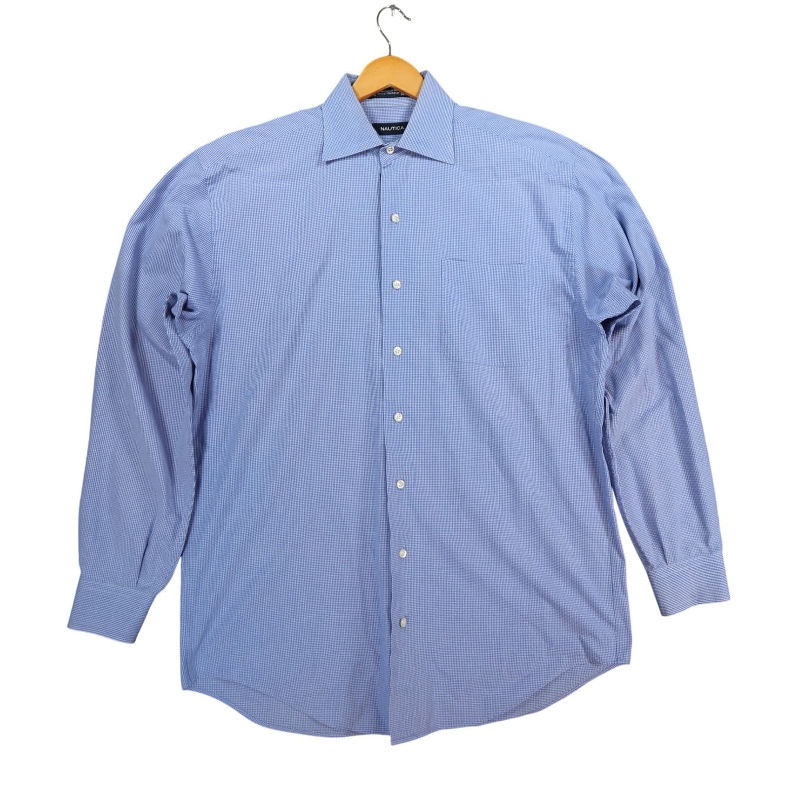 Nautica Button Down Shirt Mens 15.5 Blue Cotton Regular Fit Micro Check Dress