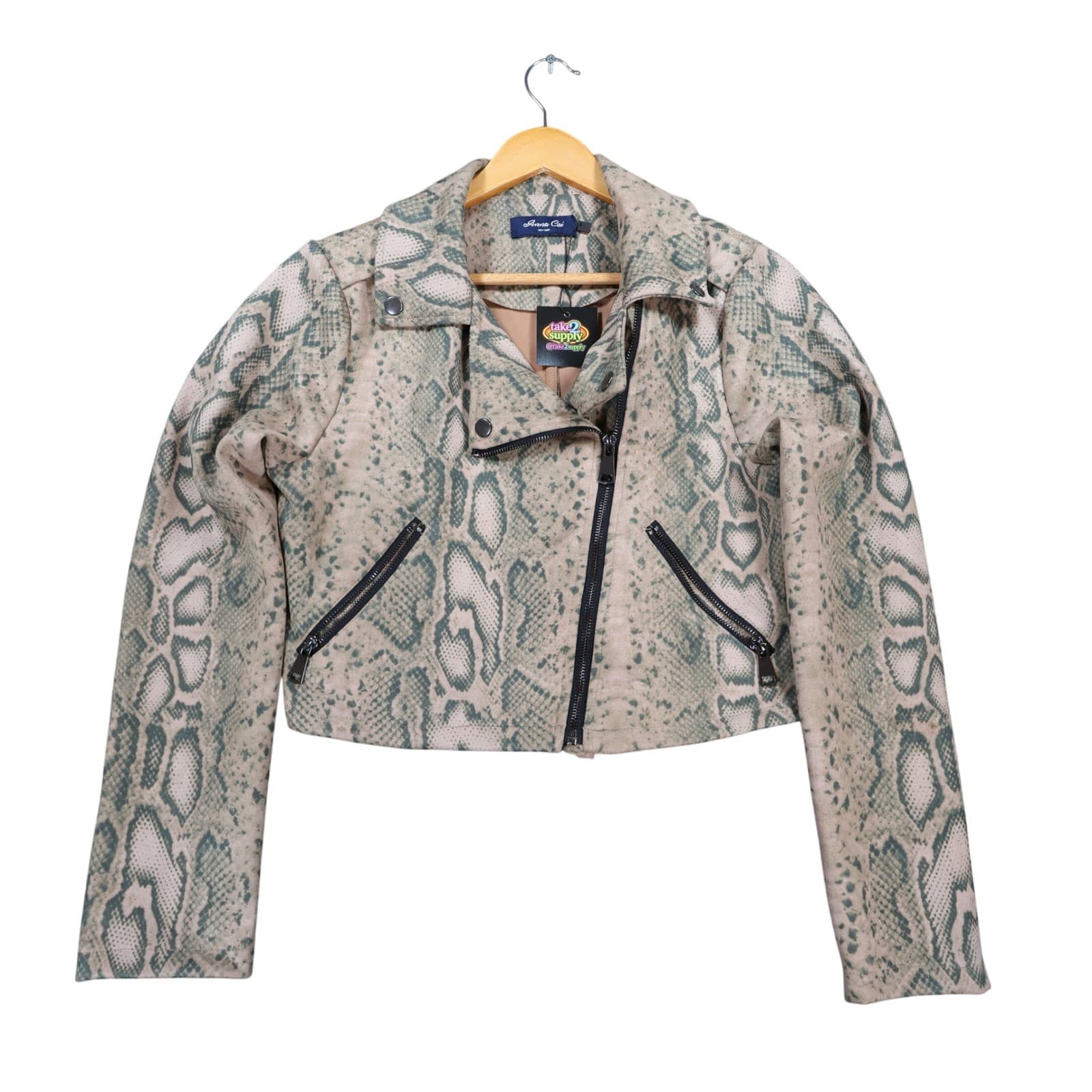 Anna Cai Moto Jacket Womens Small Tan Green Faux Suede Snakeskin Cropped Biker