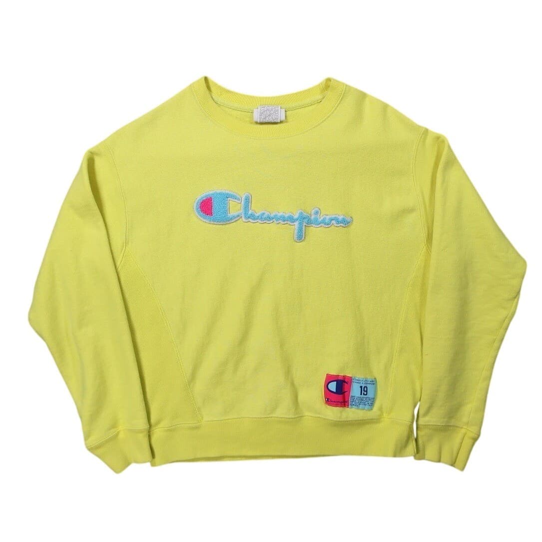 Champion Reverse Weave Sweatshirt Womens Medium Yellow Excellent Chenille Logo