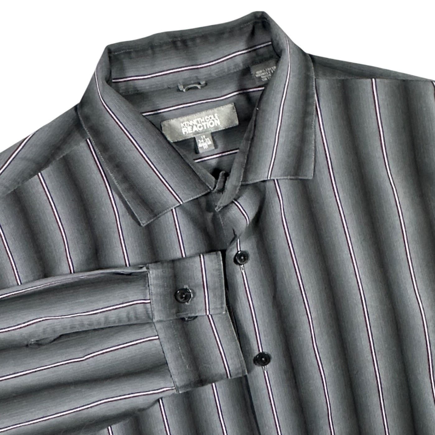 Kenneth Cole Reaction Button Down Mens 17 34-35 Grey Wrinkle Free Striped