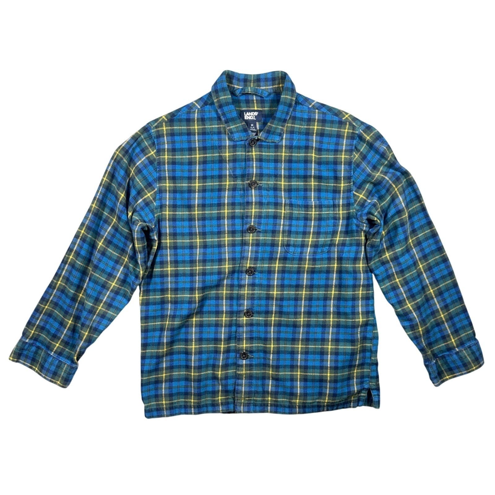 Lands' End Flannel Shirt Mens M Blue Yellow Excellent Plaid Button Down Cotton