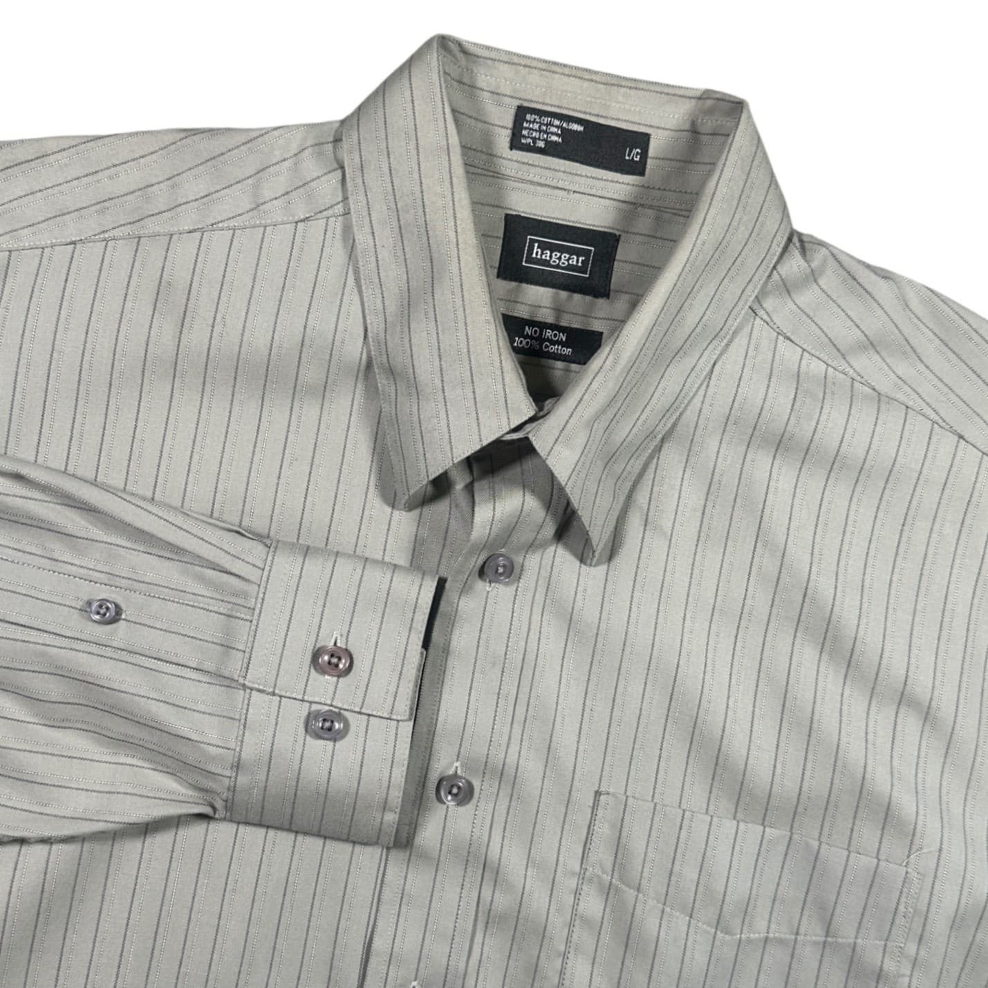 Haggar Button Down Shirt Mens Large Grey Excellent No Iron Striped Long Sleeve