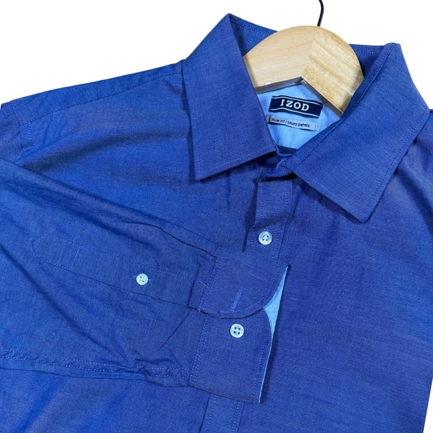 IZOD Mens Slim Fit Long Sleeve Button Down Dress Shirt Blue Size Large 16-16.5