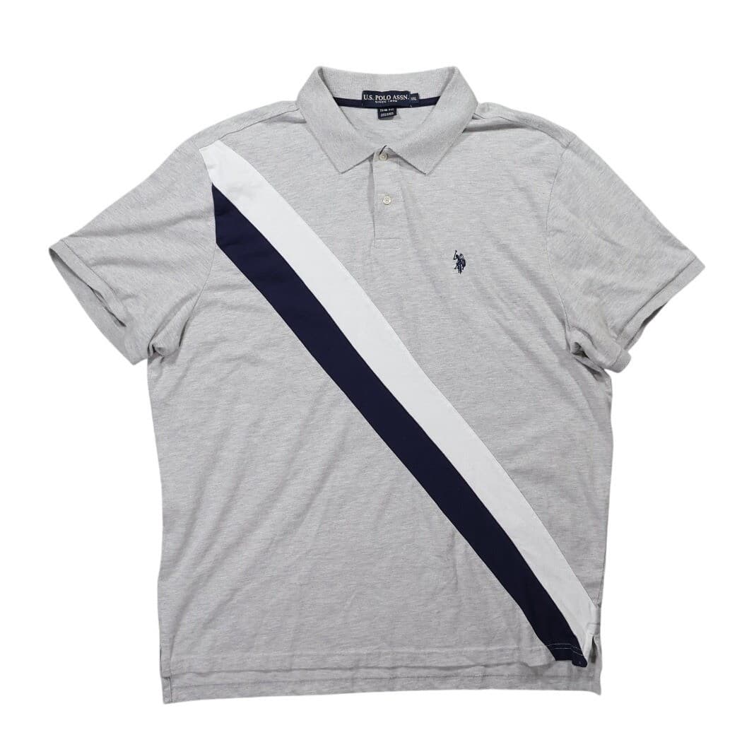U.S. Polo Assn. Polo Shirt Mens XXL Gray Excellent Slim Fit Diagonal Stripe