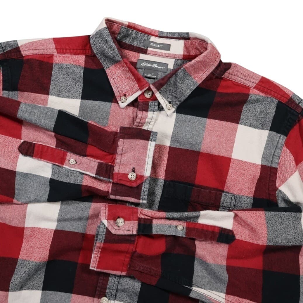 Eddie Bauer Flannel Button Up Mens L Red Excellent Plaid Relaxed Fit Cotton