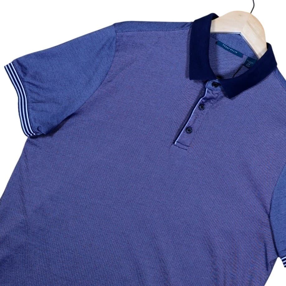 Perry Ellis Mens Polo Shirt Blue Stripe Short Sleeve Button Up Size Large