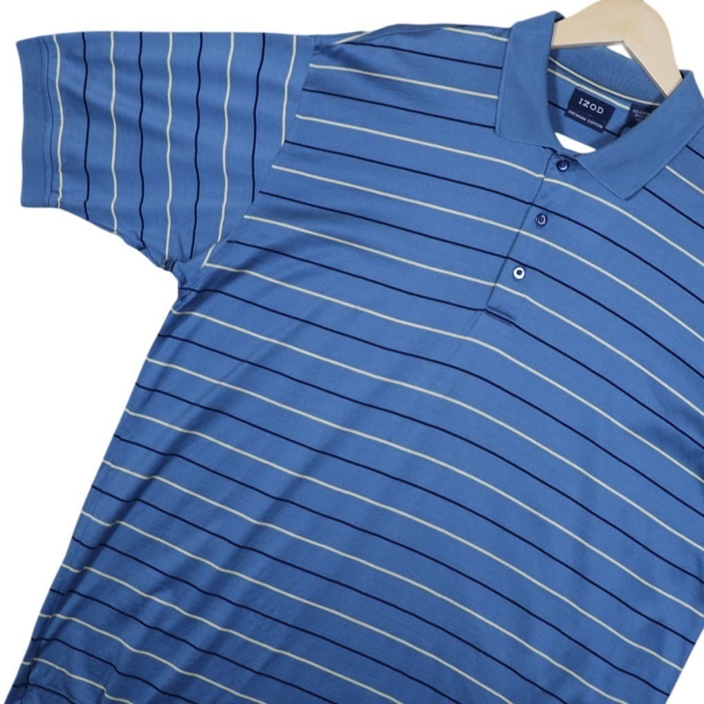 IZOD Mens Premium Cotton Blue Striped Short Sleeve Polo Shirt Size L