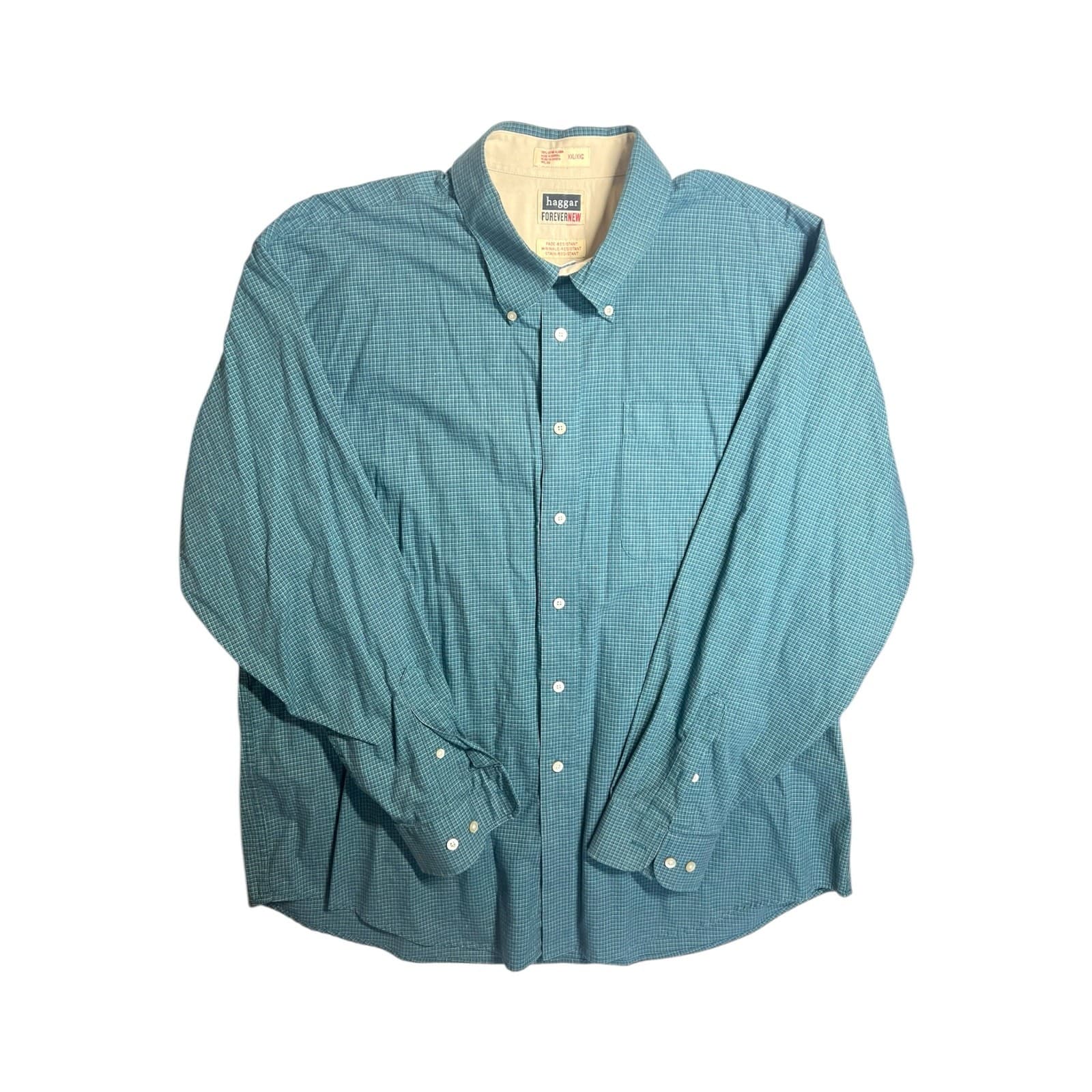 Haggar Button Down Shirt Mens XXL Teal Check Excellent ForeverNew Long Sleeve