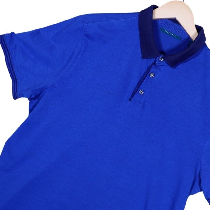 Perry Ellis Men Royal Blue Textured Polo Shirt Short Sleeve Collared Size Large