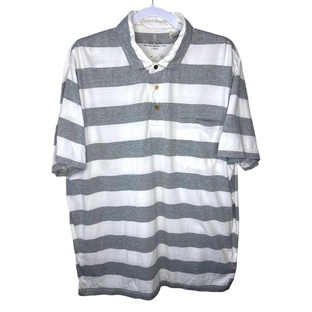 FCUK Mens Striped Polo Shirt Short Sleeve Pocket Tee Gray White L