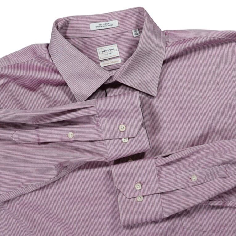 Arrow Dress Shirt Mens 17.5 34/35 Pink Excellent Non-Iron Cotton Striped LS