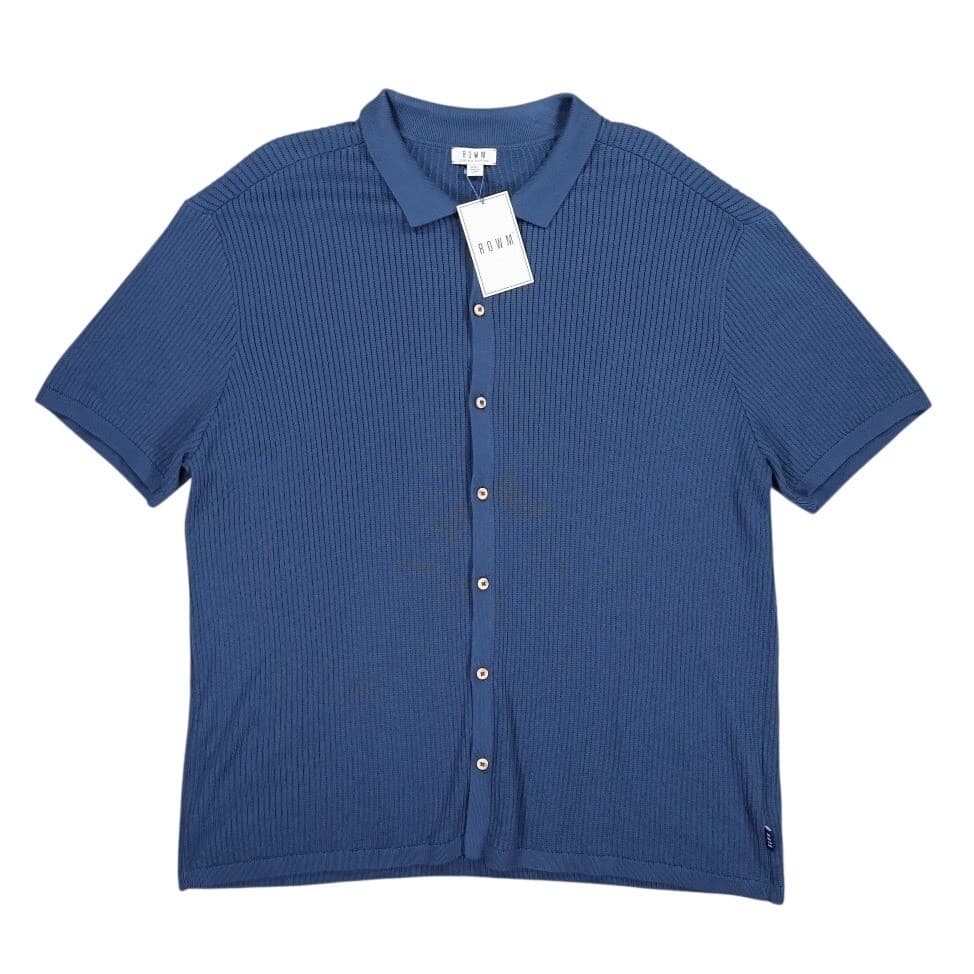 ROWM Button Up Polo Shirt Mens XXL Blue New Supima Cotton Ribbed Short Sleeve