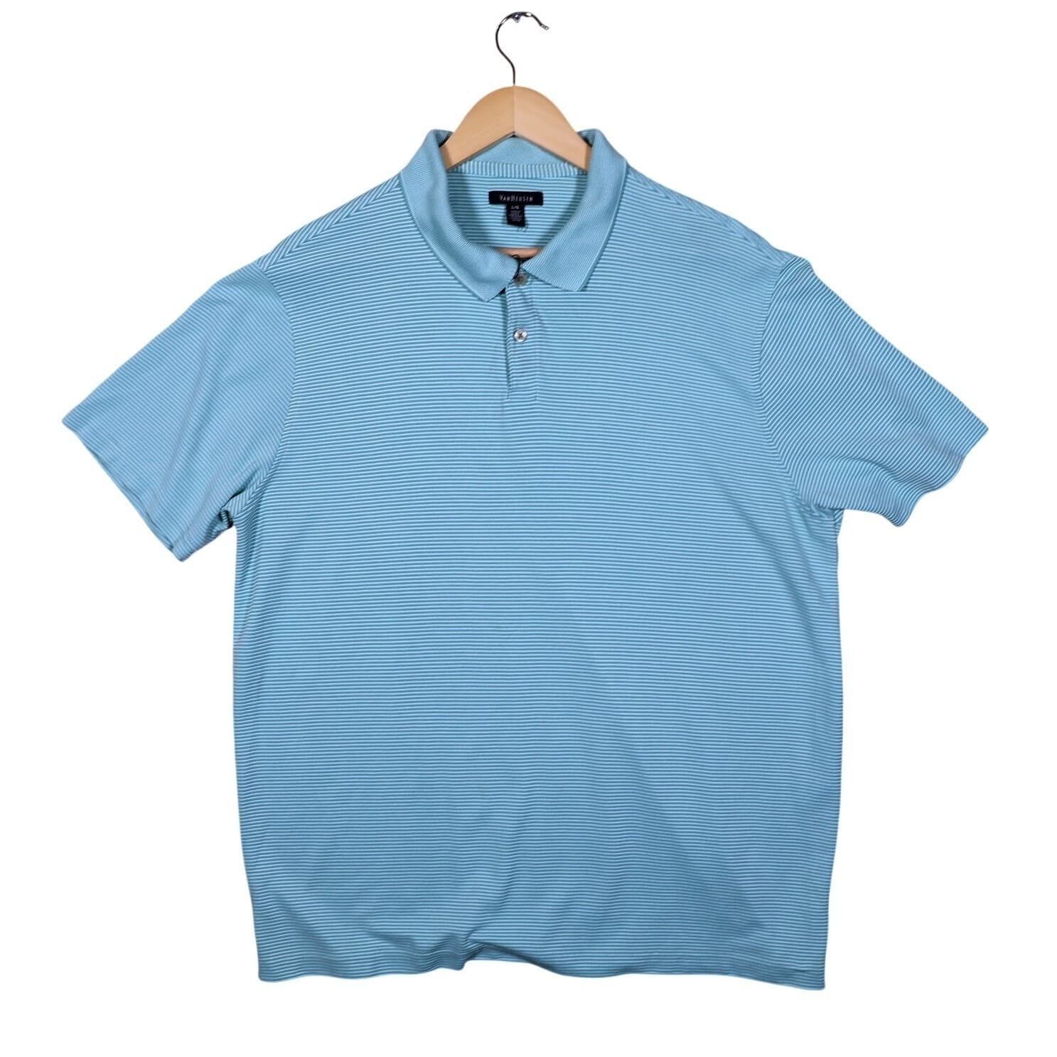 Van Heusen Mens Large L Light Blue Stripe Golf Polo Shirt Short Sleeve