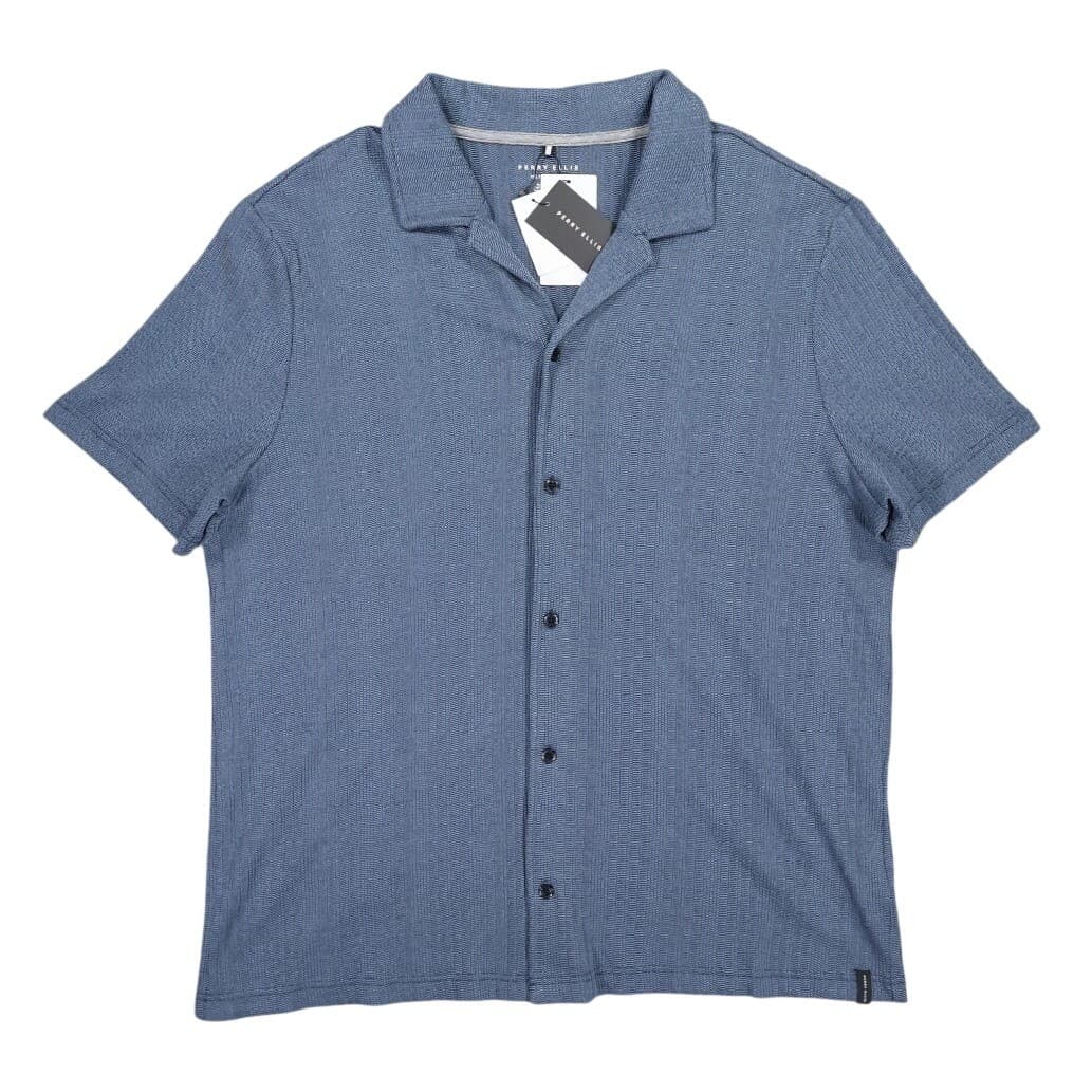 Perry Ellis Button Up Shirt Mens 2XL Blue NEW Textured Short Sleeve Camp Collar